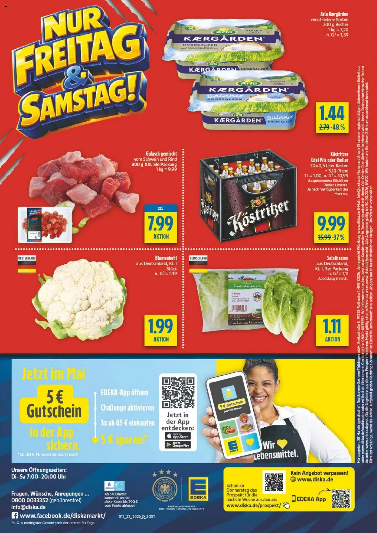 Diska Prospekt – gültig ab 26.05.2026 | Seite: 12 | Produkte: Pils, Gulasch, Blumenkohl, Uhr