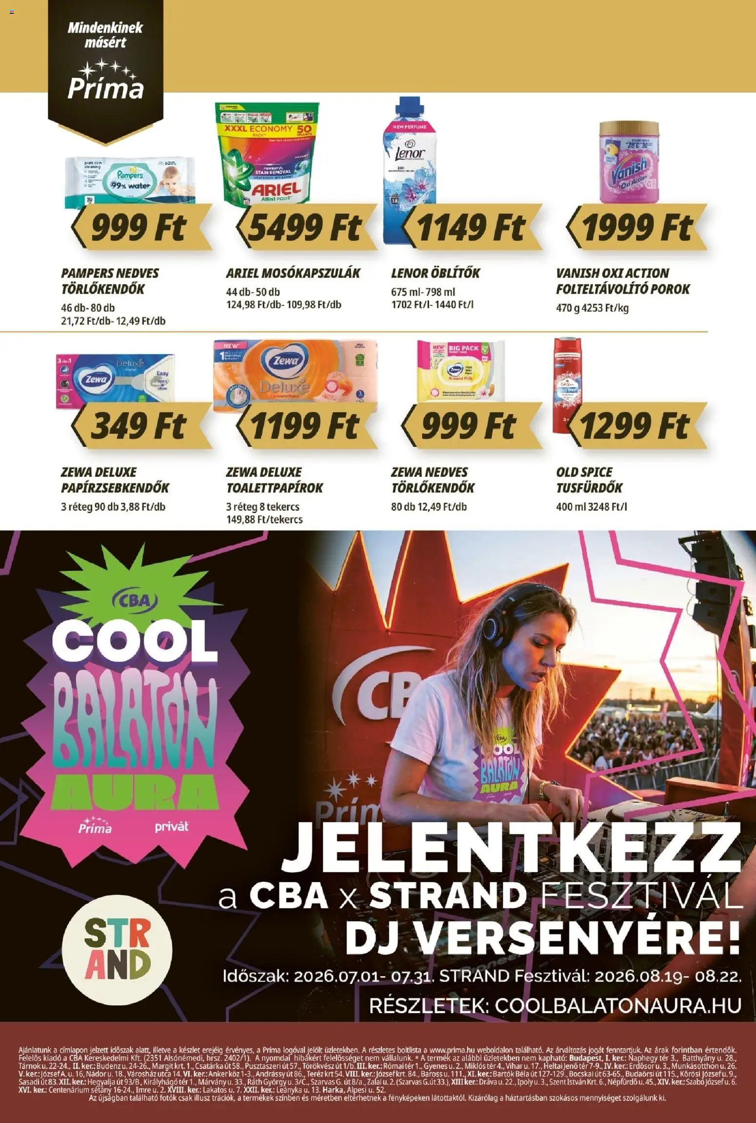 CBA Príma akciós ujság - amely érvényes a következő dátumtól: 2026.07.09. | Oldal: 12 | Termékek: Ariel, Old spice, Pampers, Folteltávolító