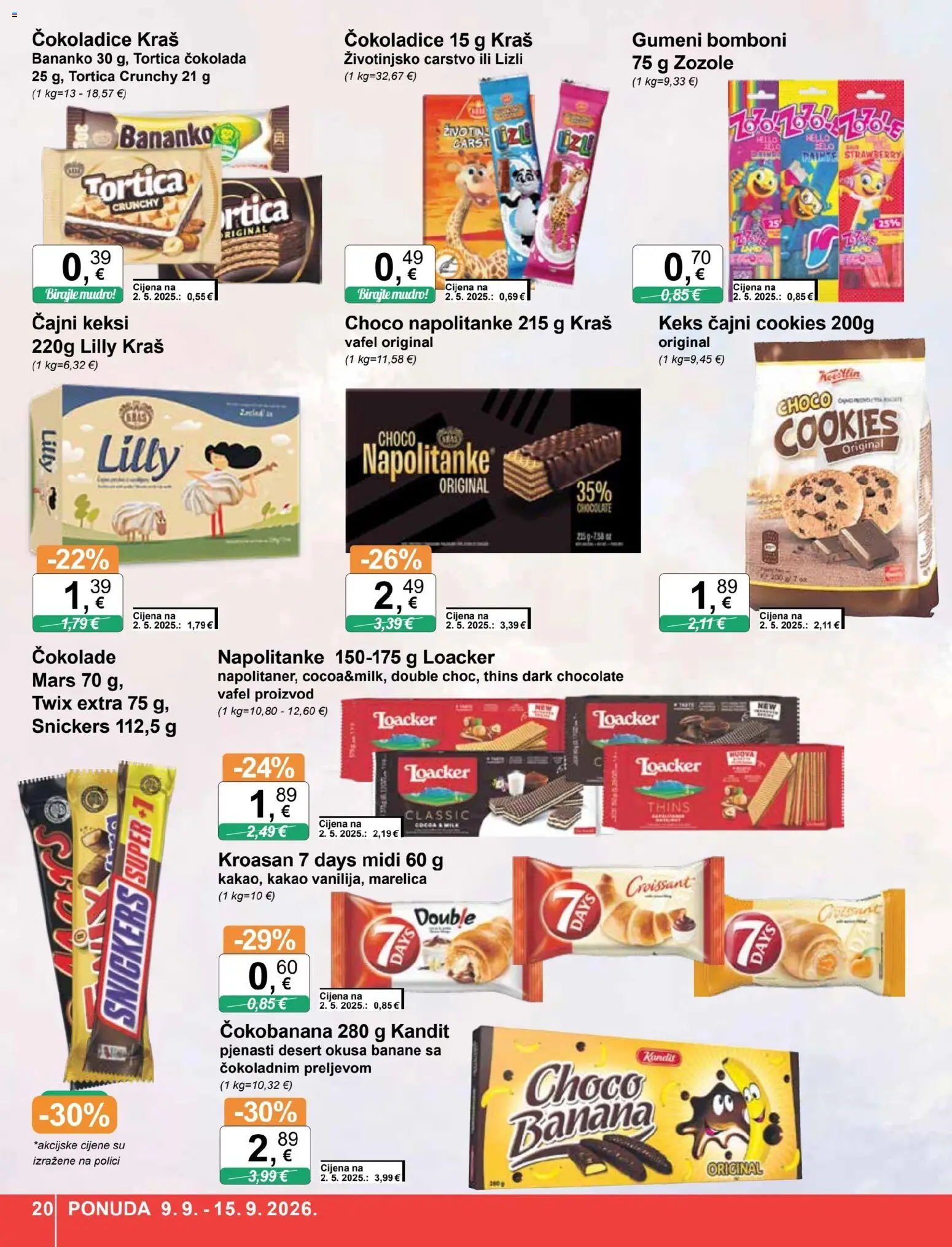 KTC katalog | vrijedi od 09.09.2026 | Stranica: 20 | Proizvodi: Snickers, Čokolada, Banane, Keks