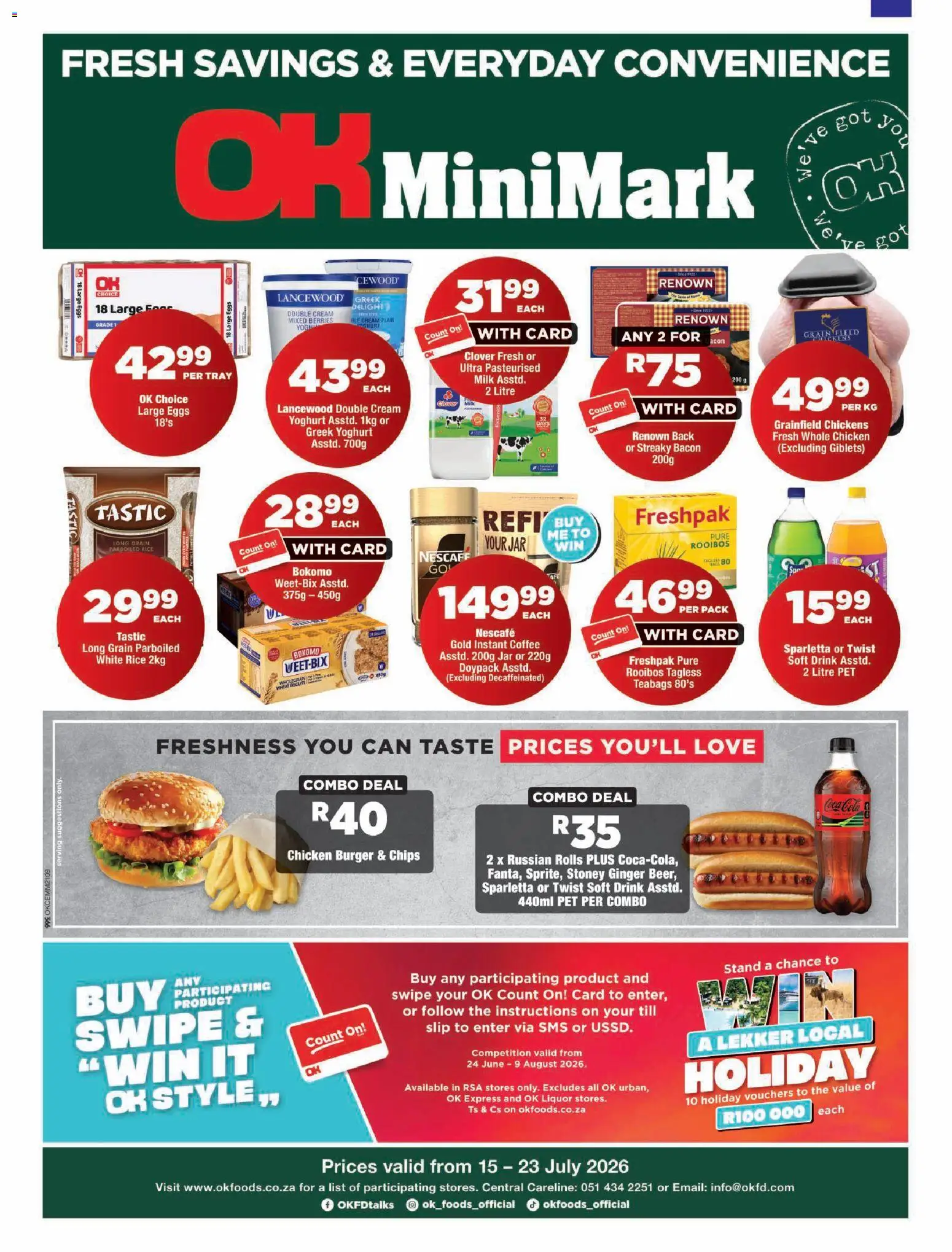 New OK Foods catalogue – valid from 15/07/2026 | Page: 1 | Products: Yoghurt, Eggs, Rice, Estuche organizador de viaje