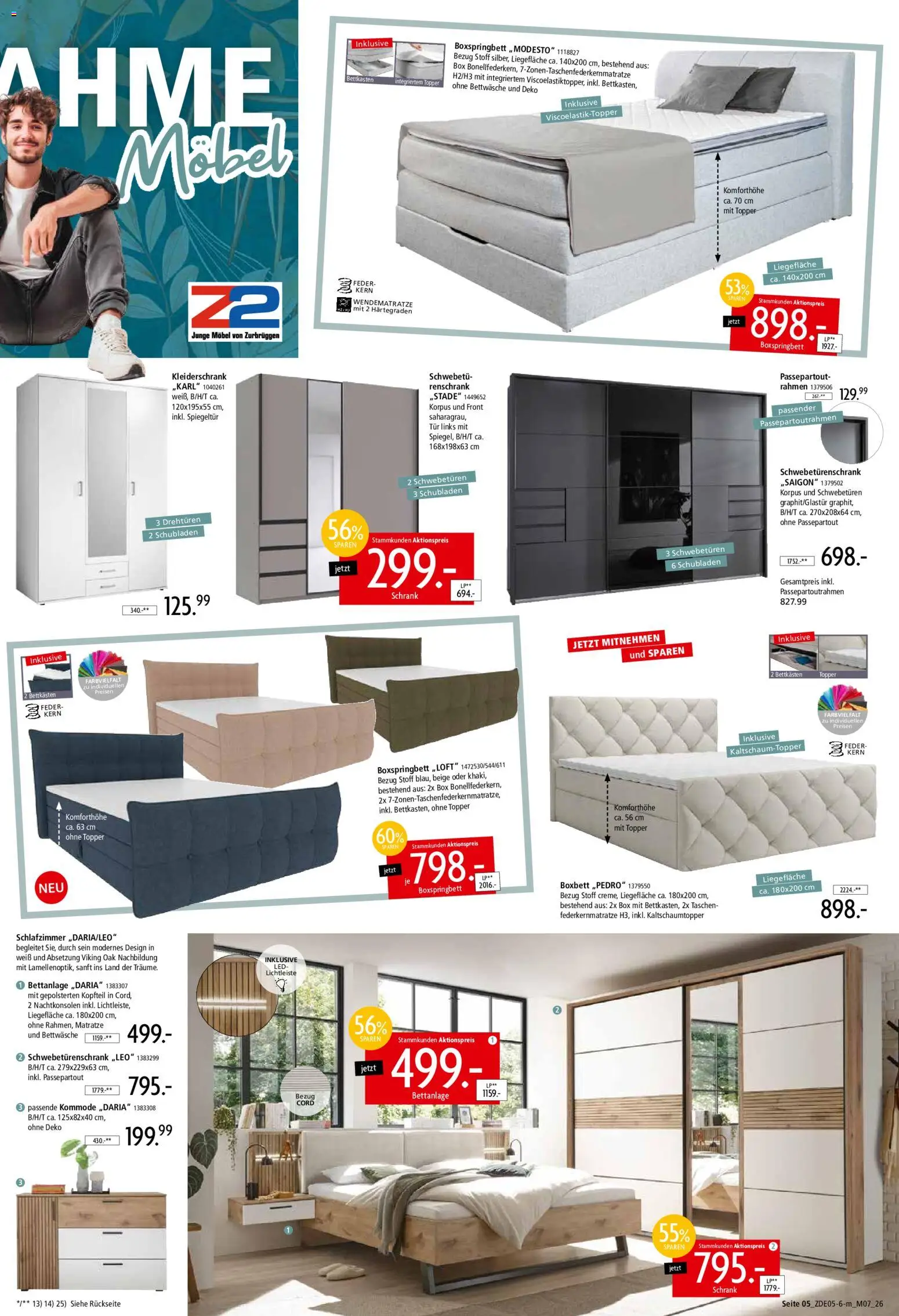 Zurbrüggen Z2 Mitnahme Möbel – gültig ab 16.05.2026 | Seite: 7 | Produkte: Kommode, Boxspringbett, Bettwäsche, Tür