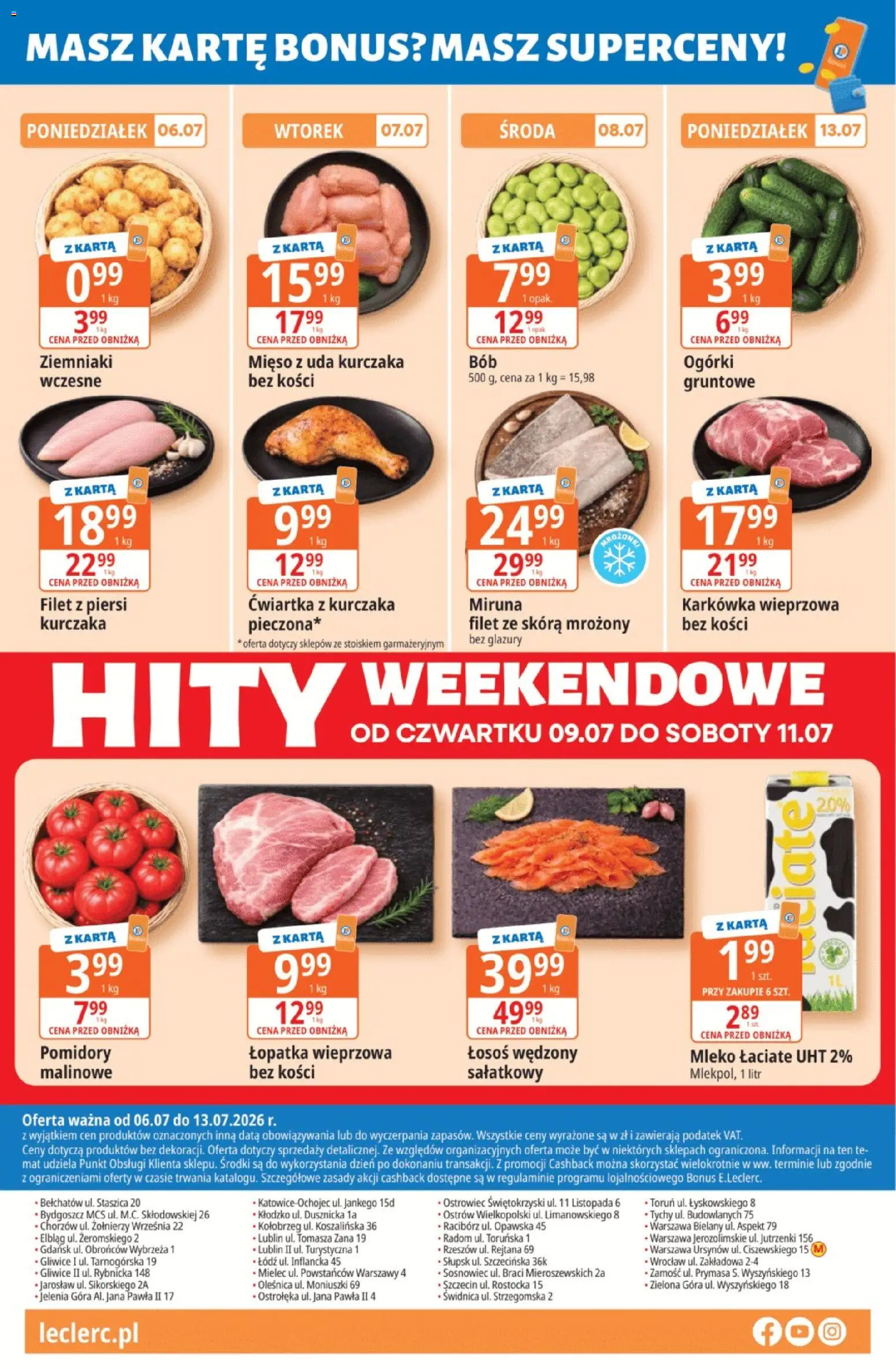 E.Leclerc gazetka od 06.07.2026 | Strona: 20 | Produkty: Karkówka, Piersi, Łosoś wędzony, Mięso z uda kurczaka
