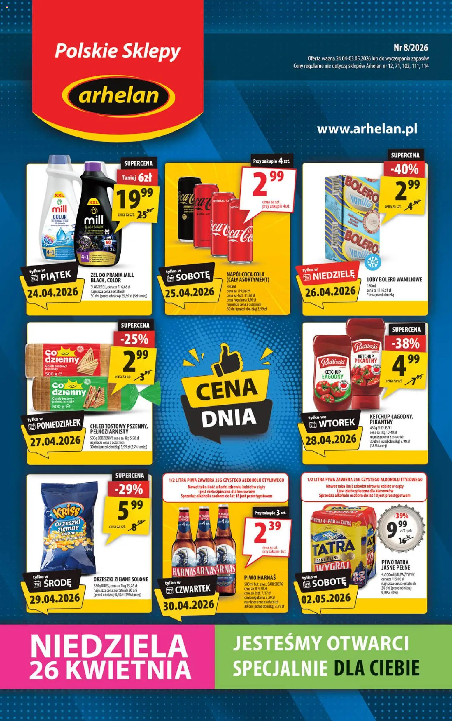 Arhelan gazetka od 24.04.2026 | Strona: 1 | Produkty: Chleb tostowy, Harnaś, Chleb, Lody