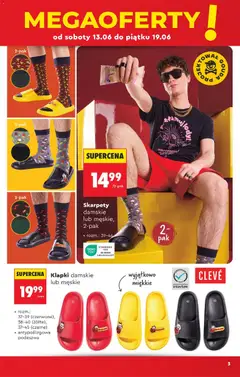 Pogląd oferty "Klapki damskie lub męskie, Klapki damskie lub męskie, antypoślizgowa podeszwa. Dostępne w kolorach: czerwone (37-39), żółte (38-40), czarne (37-45)." - ważna od 13.06.2026 | Strona: 5 | Produkty: Skarpety, Skarpety damskie, Klapki, Klapki damskie