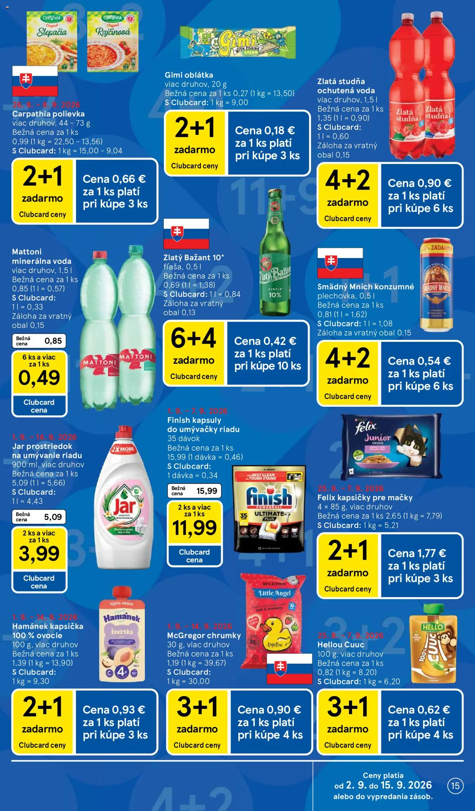 Nové Tesco akcie – leták je platný od 02.09.2026 | Strana: 15 | Produkty: Kapsičky, Kapsičky pre mačky, Minerálna voda, Jar