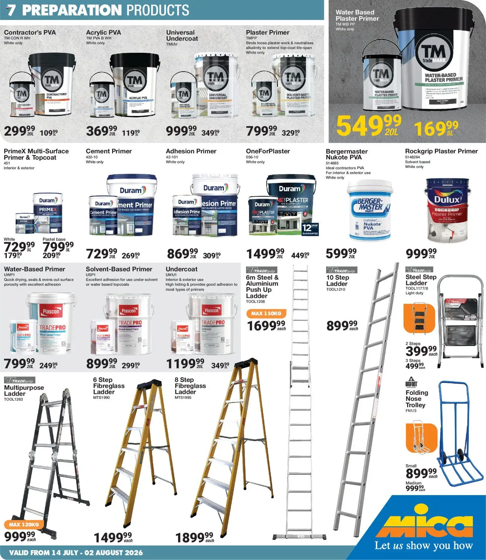 New MICA catalogue – valid from 14/07/2026 | Page: 7 | Products: Primer, Plaster primer, Water, Cement