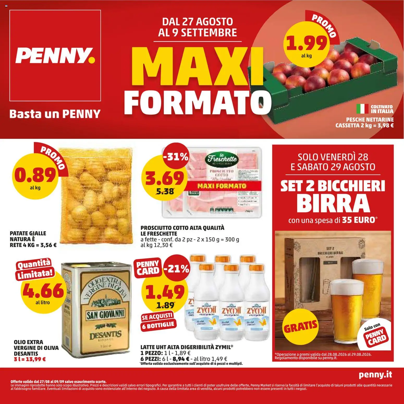 Volantino PENNY del 27/08/2026 | Pagina: 1 | Prodotti: Prosciutto Cotto, Olio, Olive, Nettarine