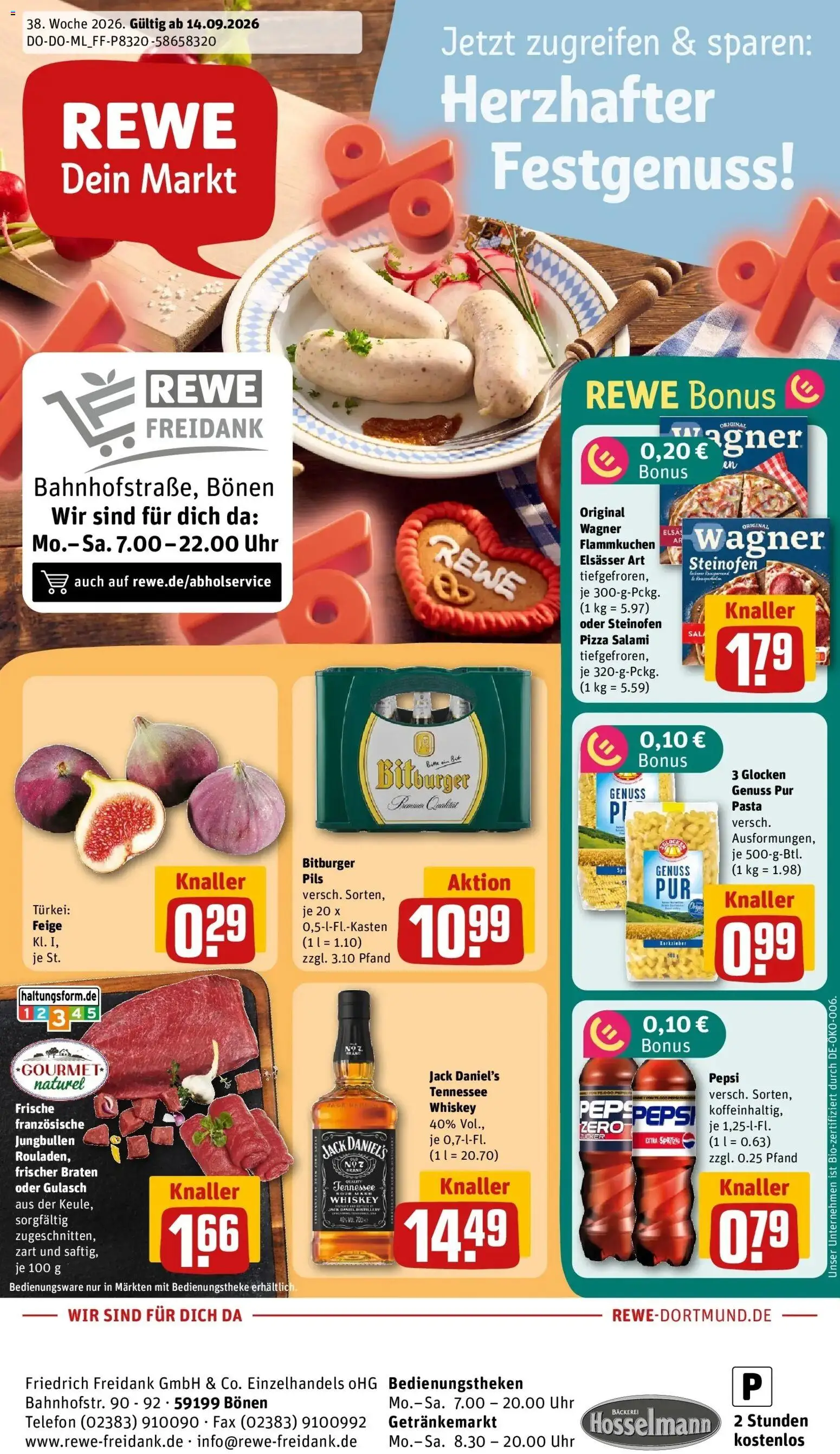 REWE Prospekt ab 14.09.2026 zum Blättern » Angebote | Seite: 1 | Produkte: Bitburger, Pils, Gulasch, Pizza