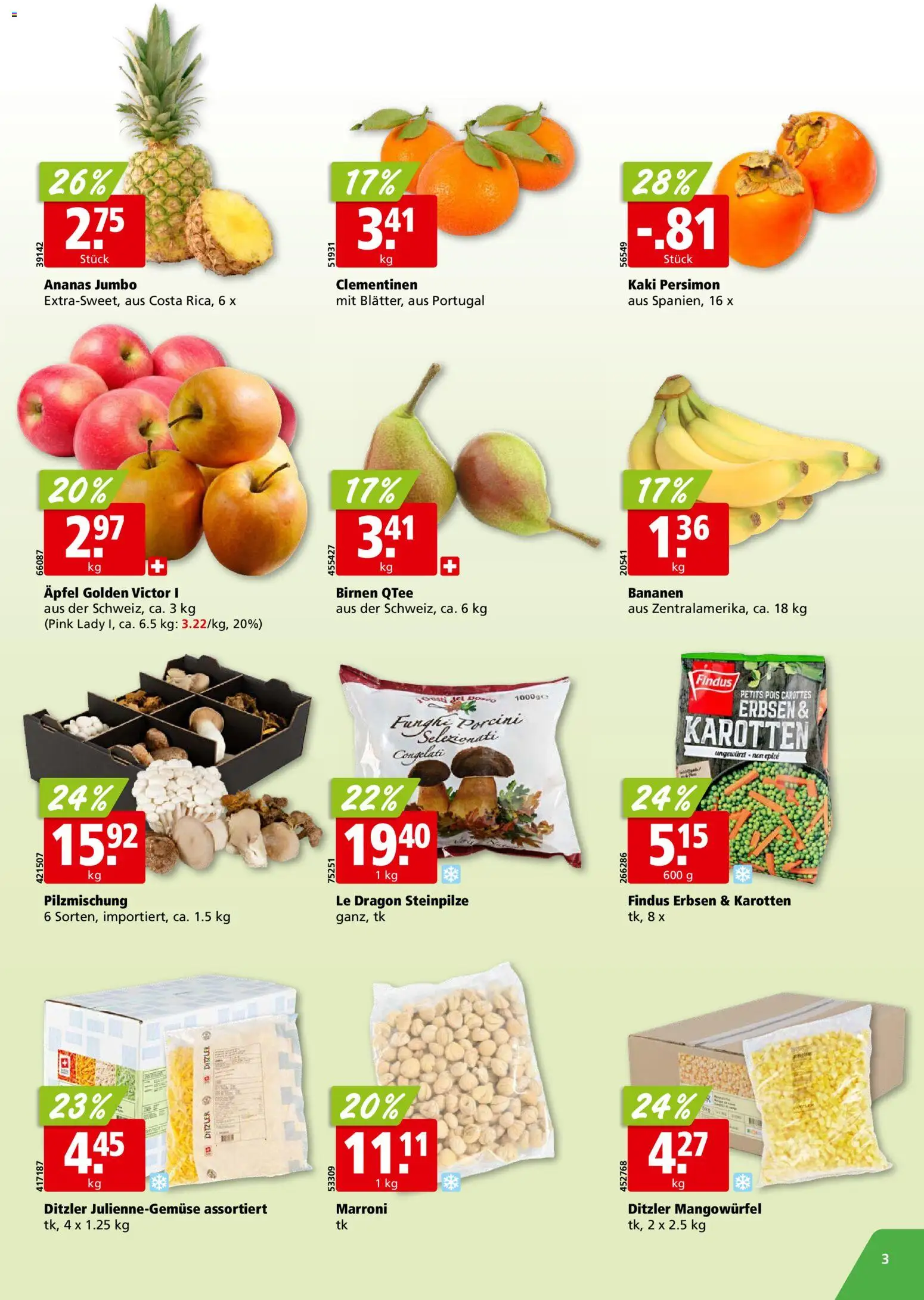 Aligro aktionen Chavannes, Matran, Genf, Sitten – gültig ab 12.10.2026 | Seite: 3 | Produkte: Bananen, Erbsen, Ananas, Birnen