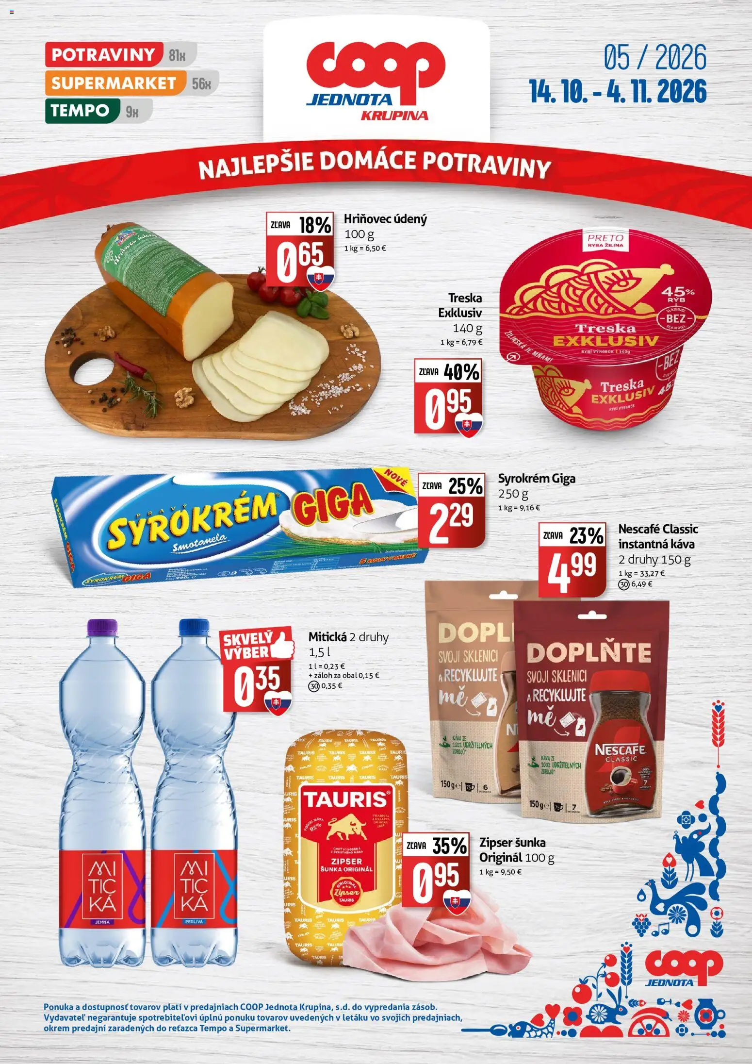 Nové COOP Jednota akcie – leták je platný od 14.10.2026 | Strana: 1 | Produkty: Káva, Instantná káva, Treska, Nescafé Classic