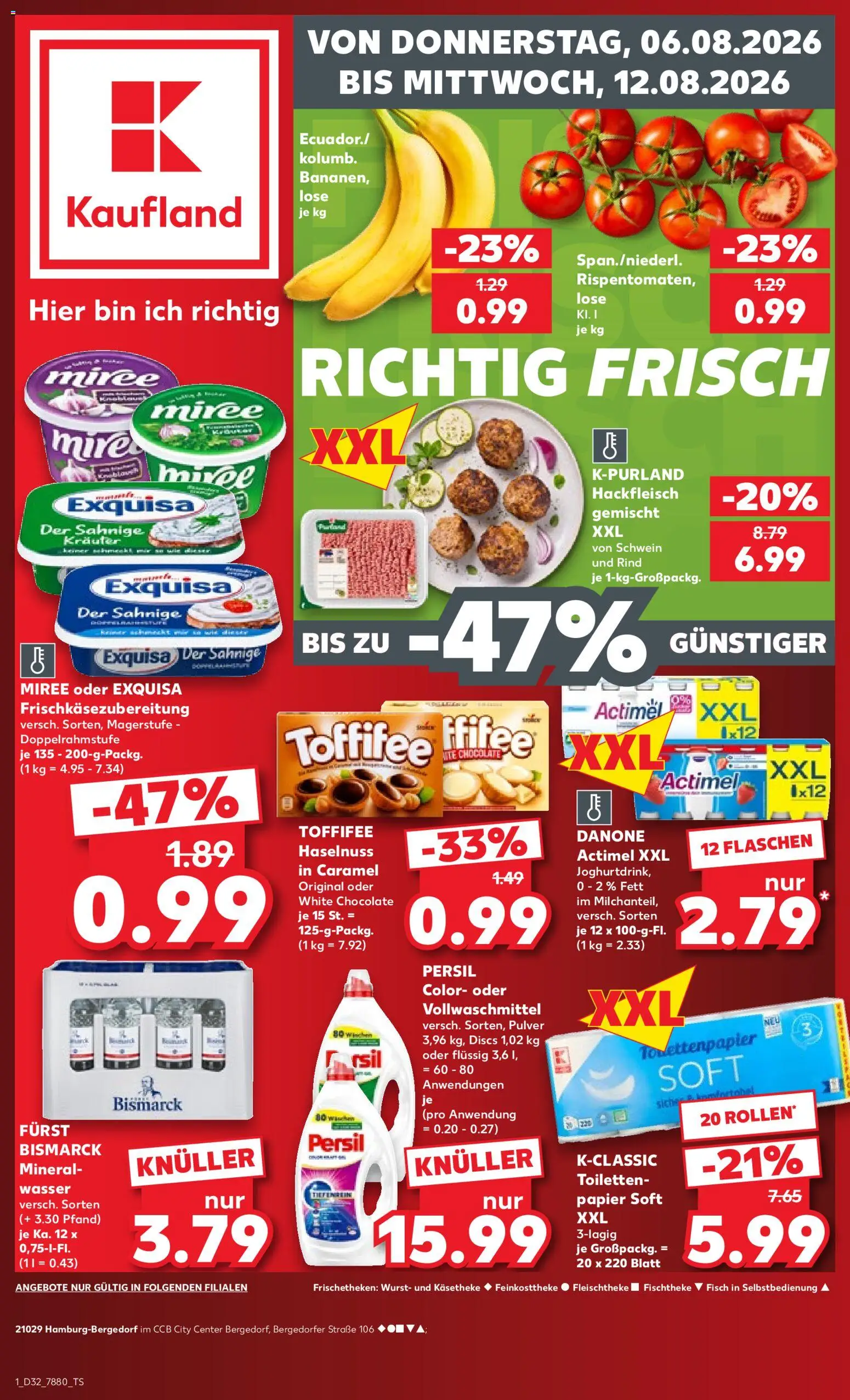 Kaufland Prospekt Hamburg – gültig ab 06.08.2026 | Seite: 1 | Produkte: Actimel, Exquisa, Fisch, Hackfleisch