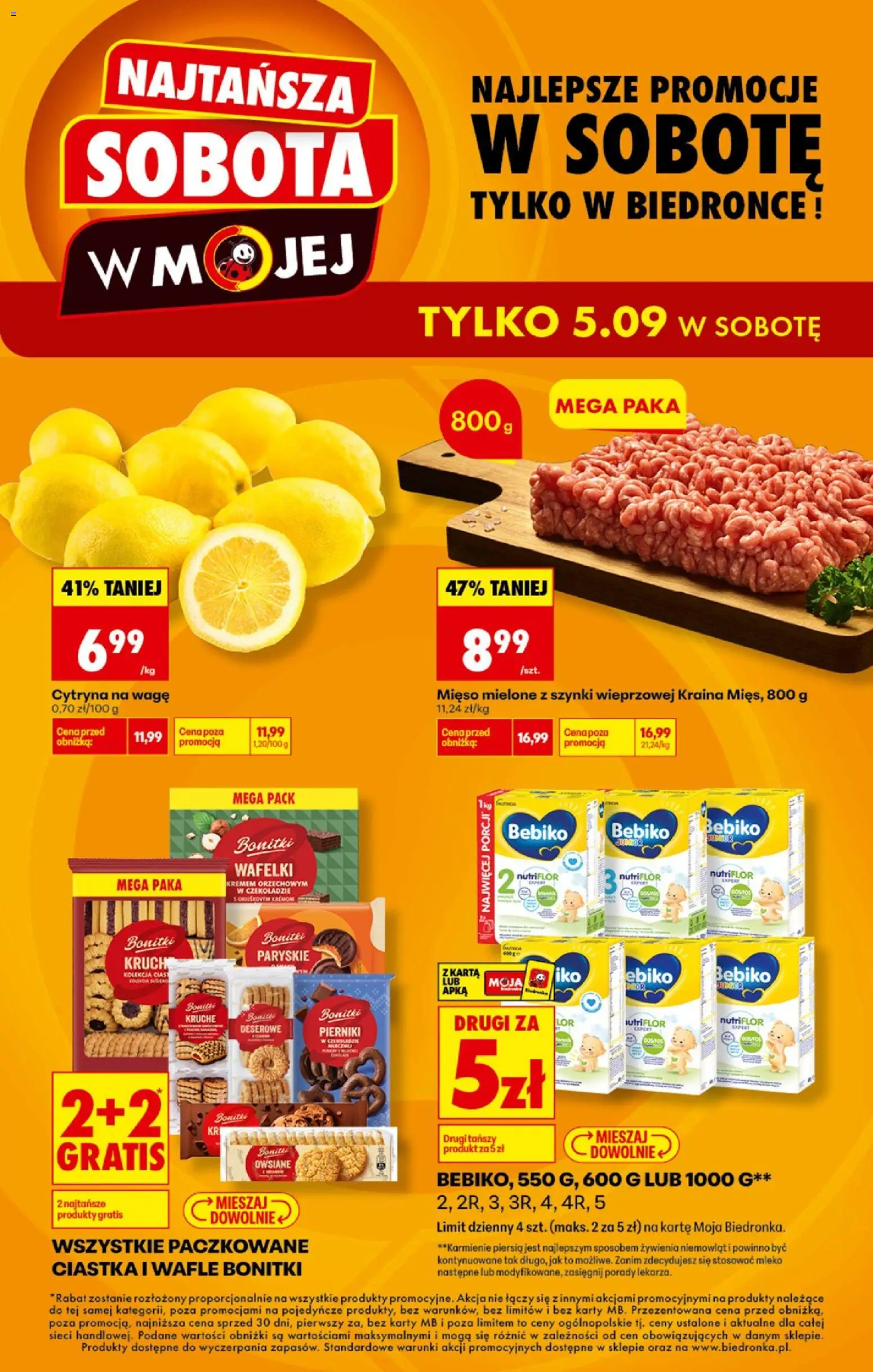 Biedronka gazetka - Najtańsza sobota od 05.09.2026 | Strona: 1 | Produkty: Pierniki, Mięso mielone z szynki, Wafle, Mięso mielone