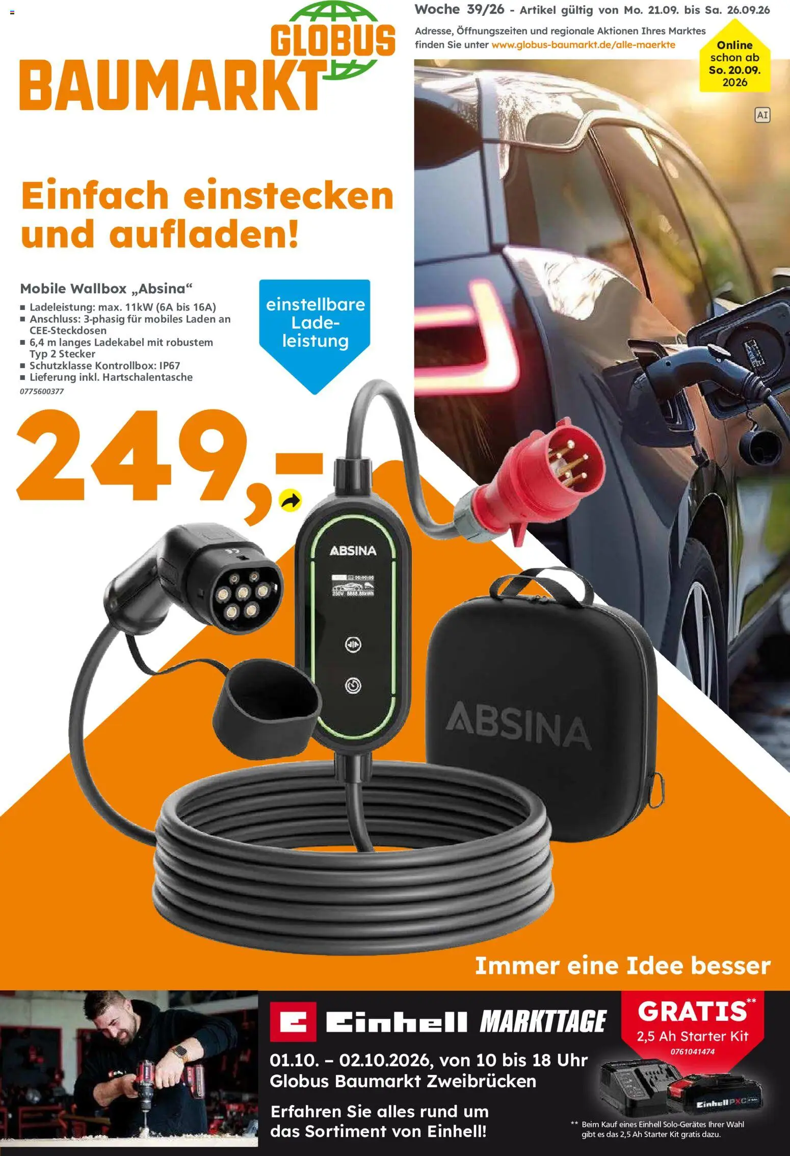 Globus Baumarkt Prospekt Zweibrücken – gültig ab 20.09.2026 | Seite: 1 | Produkte: Ladekabel, Uhr
