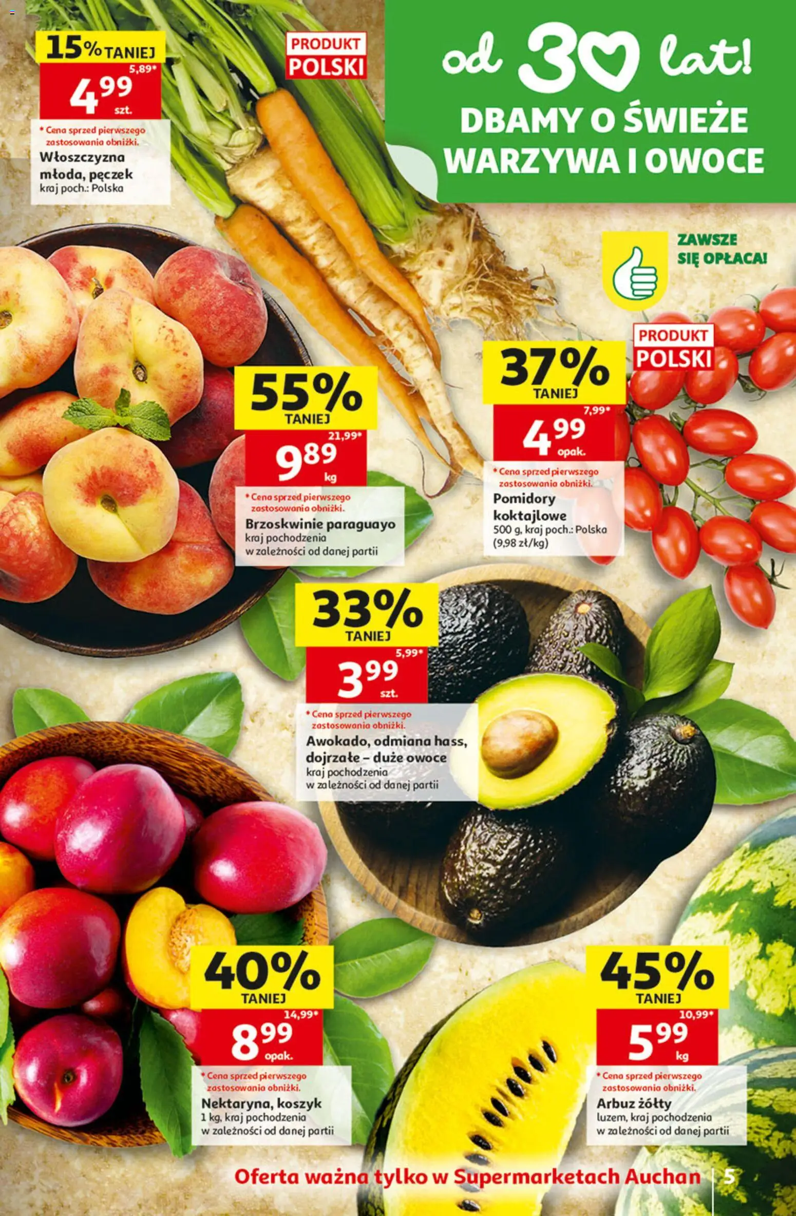 Auchan gazetka od 11.06.2026 | Strona: 5 | Produkty: Arbuz, Pomidory, Brzoskwinie, Owoce