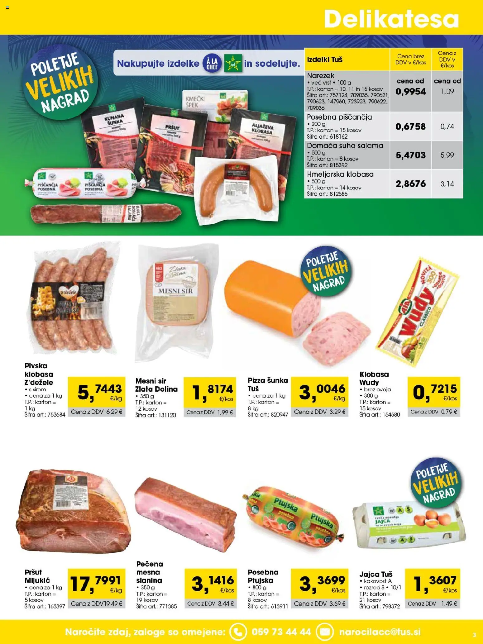 Novi Tuš katalog ponudbe – veljaven od 01.07.2026 | Stran: 3 | Izdelki: Pršut, Slanina, Sir, Jajca