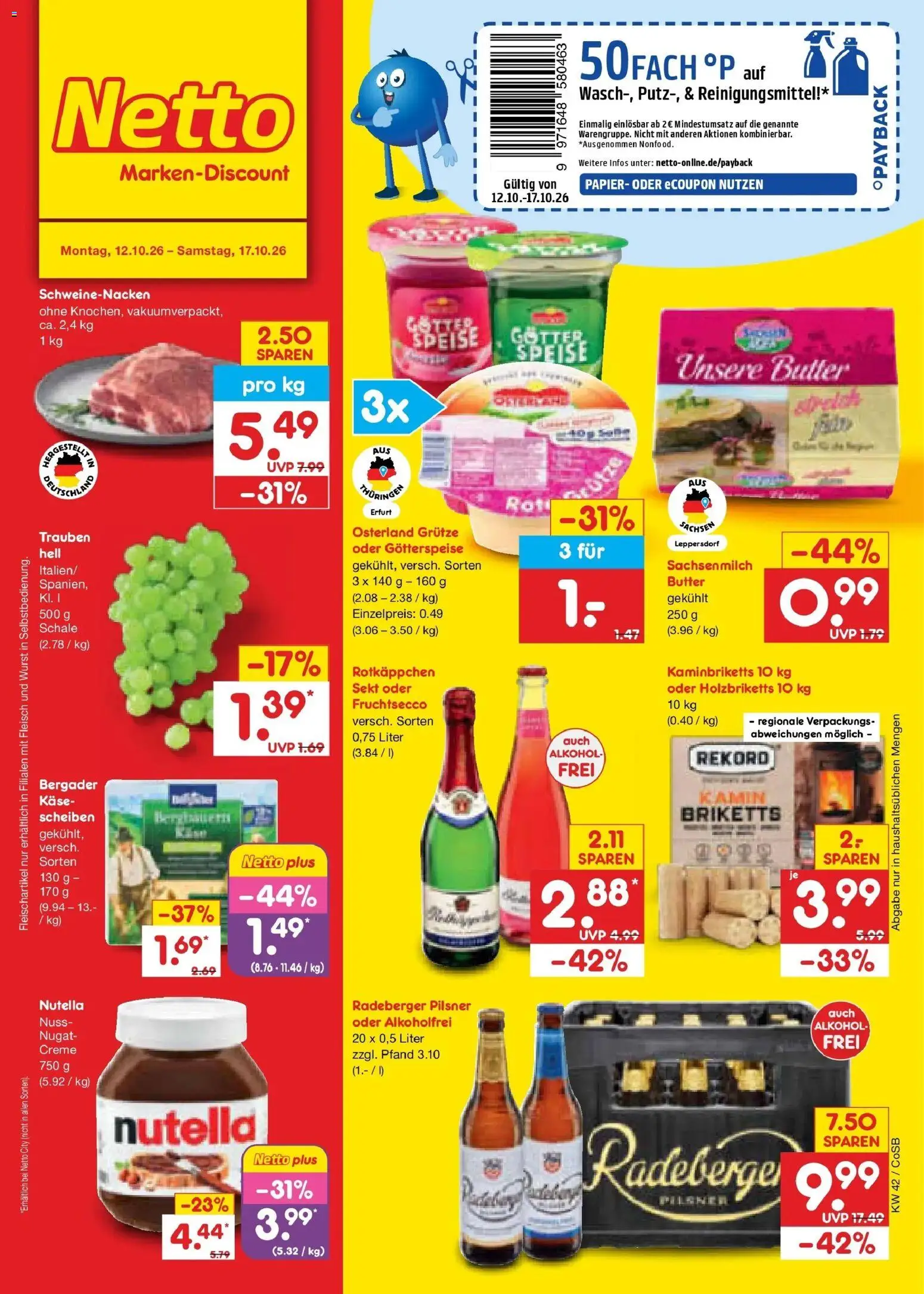 Netto Marken-Discount Prospekt Leipzig (ab 12.10.2026) » Angebote | Seite: 1 | Produkte: Kamin, Trauben, Creme, Radeberger pilsner