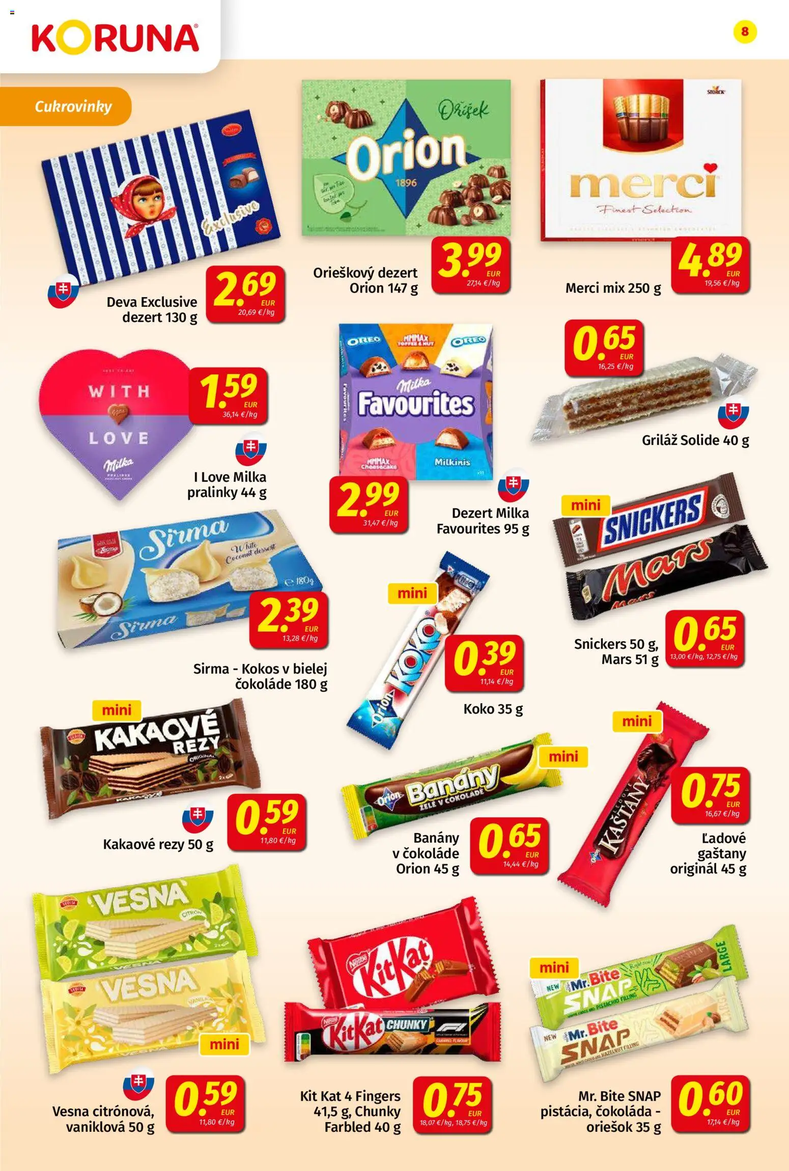 Nové Koruna akcie – leták je platný od 03.07.2026 | Strana: 8 | Produkty: Gaštany, Banány, Merci, Čokoláda