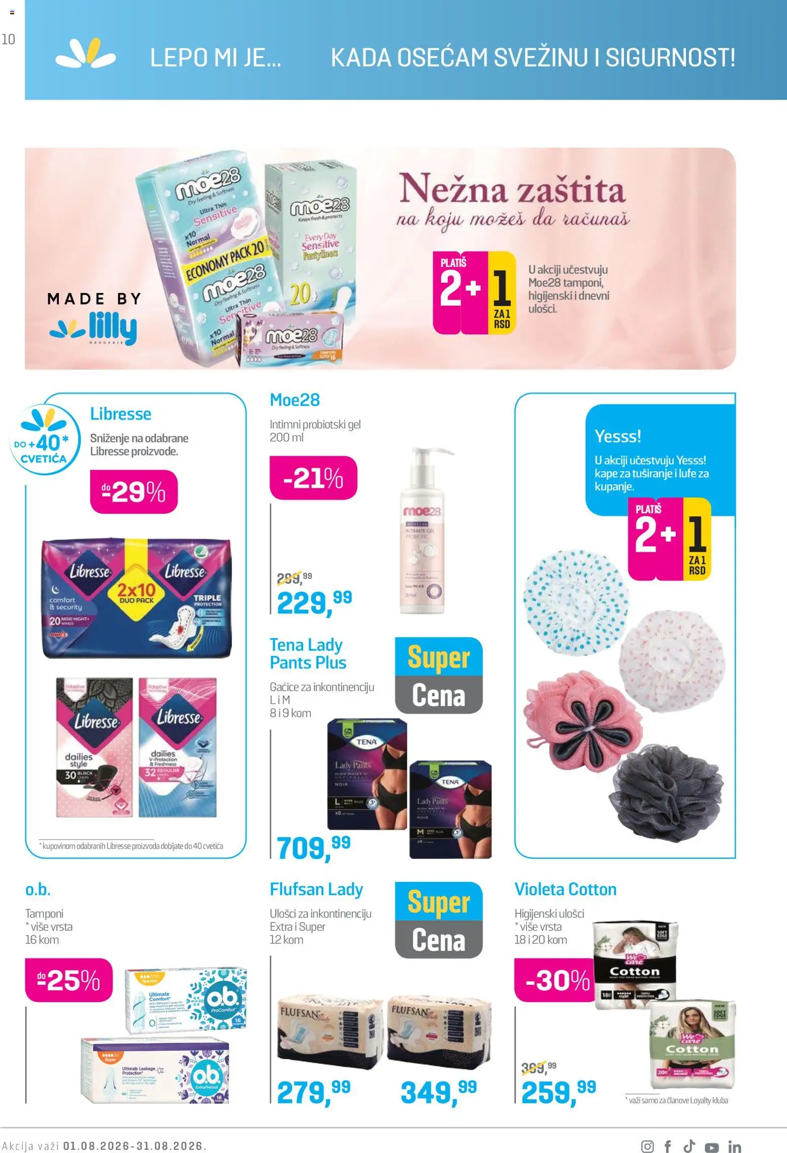 Lilly drogerie katalog - važi od 01.08.2026 | Strana: 10 | Proizvode: Higijenski ulošci, Tamponi, Gaćice, Ulošci