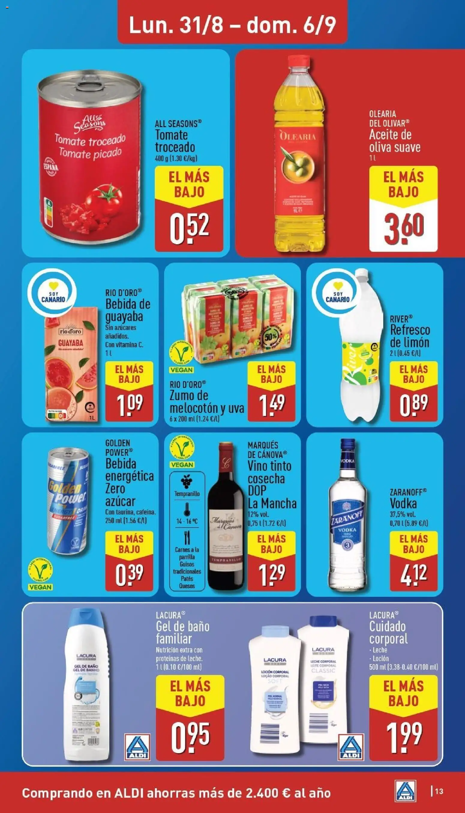 Aldi folleto Canarias │ válido desde el 31/08/2026 | Página: 13 | Productos: Vino tinto, Vodka, Aceite de oliva, Azúcar
