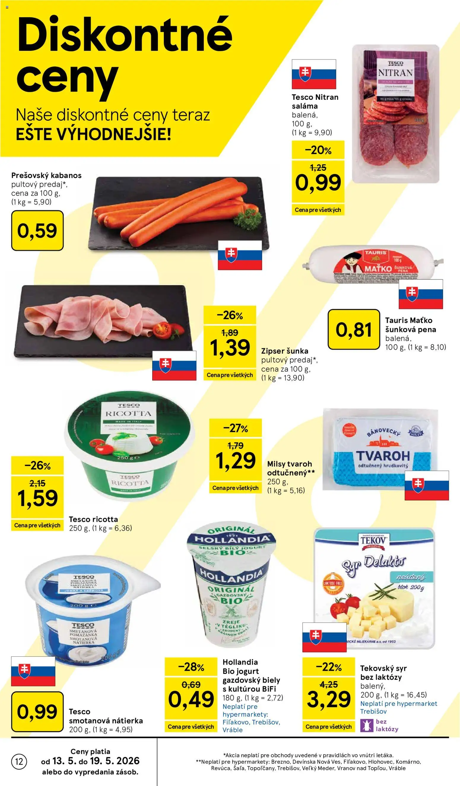 Nové Tesco akcie – leták je platný od 13.05.2026 | Strana: 12 | Produkty: Jogurt, Saláma, Šunka, Tvaroh