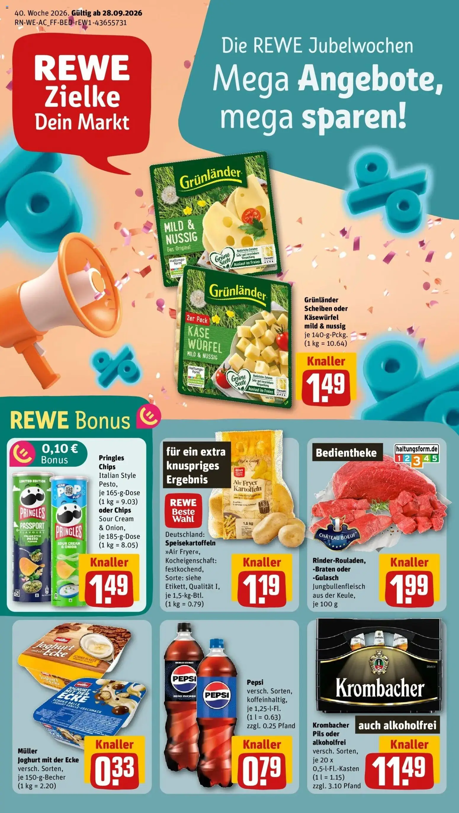 REWE Prospekt ab 28.09.2026 zum Blättern » Angebote | Seite: 1 | Produkte: Käse, Kartoffeln, Zucker, Pringles