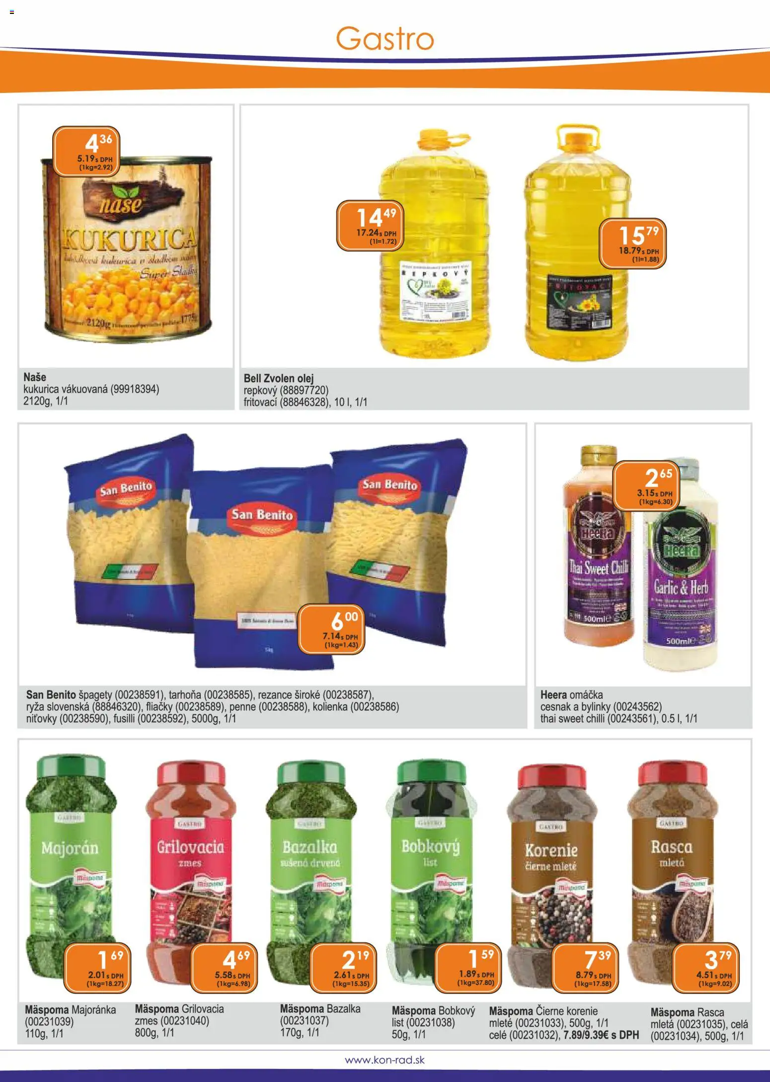 Nové KON - RAD akcie – leták je platný od 01.04.2026 | Strana: 39 | Produkty: Fusilli, Čierne korenie, Cesnak, Majorán