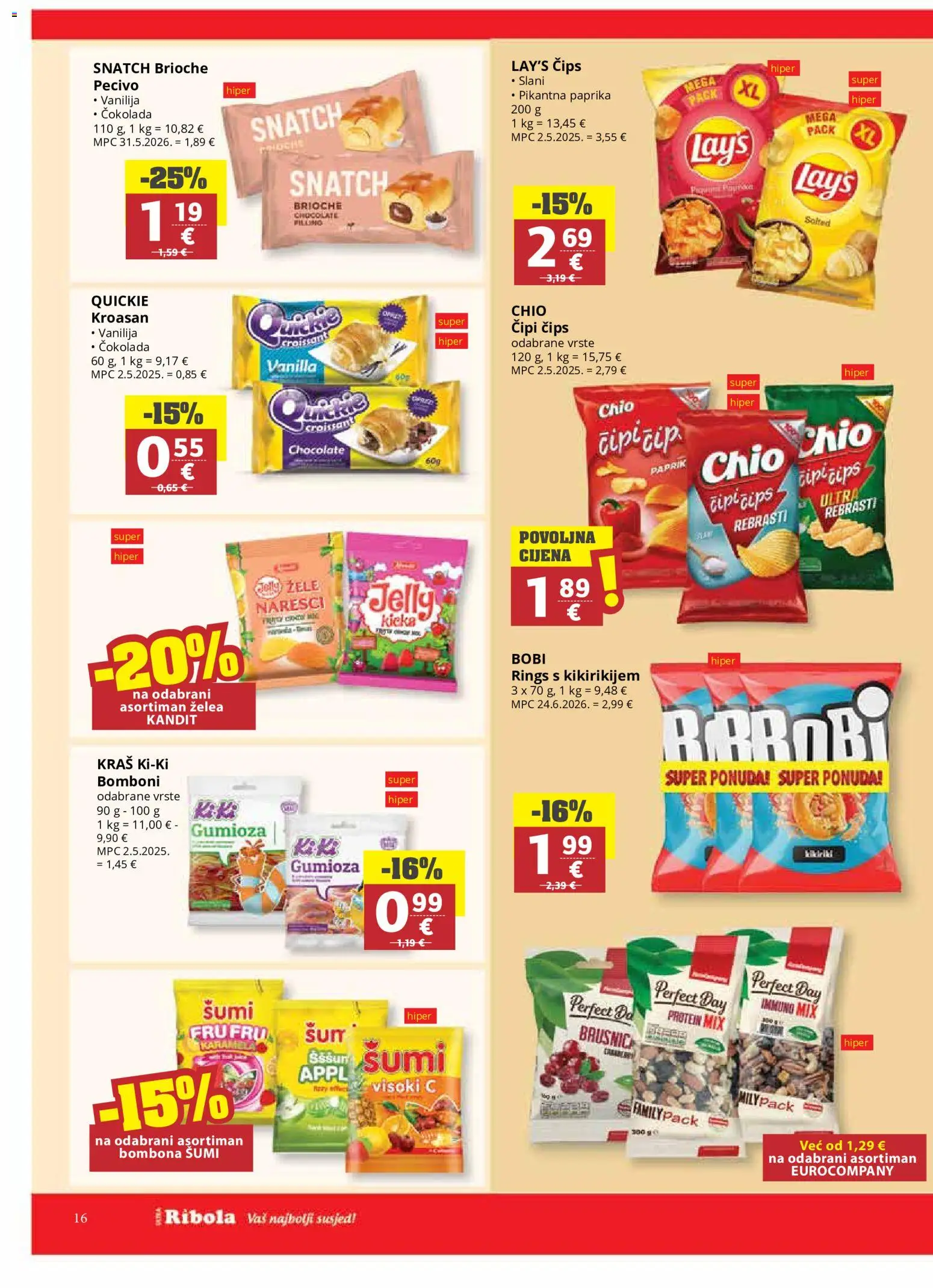 Ribola katalog | vrijedi od 06.08.2026 | Stranica: 16 | Proizvodi: Čokolada, Čips, Kroasan, Pecivo