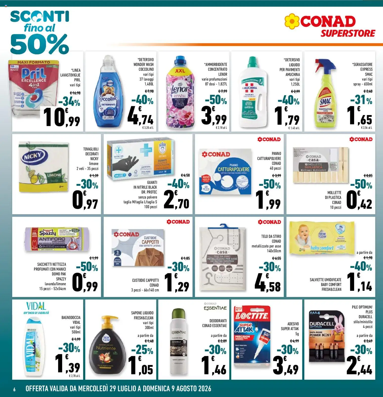 Volantino Conad del 29/07/2026 | Pagina: 6 | Prodotti: Pile, Sapone, Acqua, Guanti