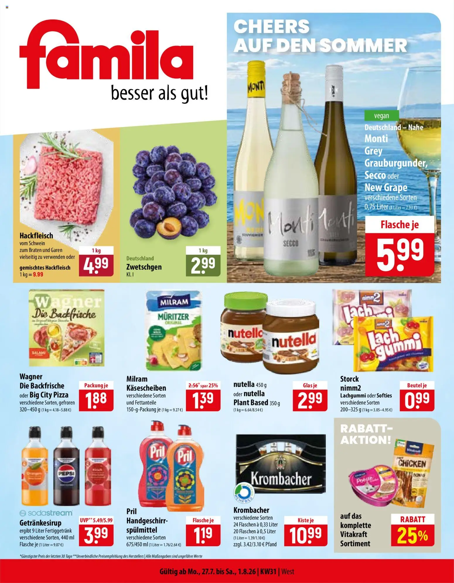 Famila Prospekt – gültig ab 27.07.2026 | Seite: 1 | Produkte: Nutella, Milram, Krombacher, Pril