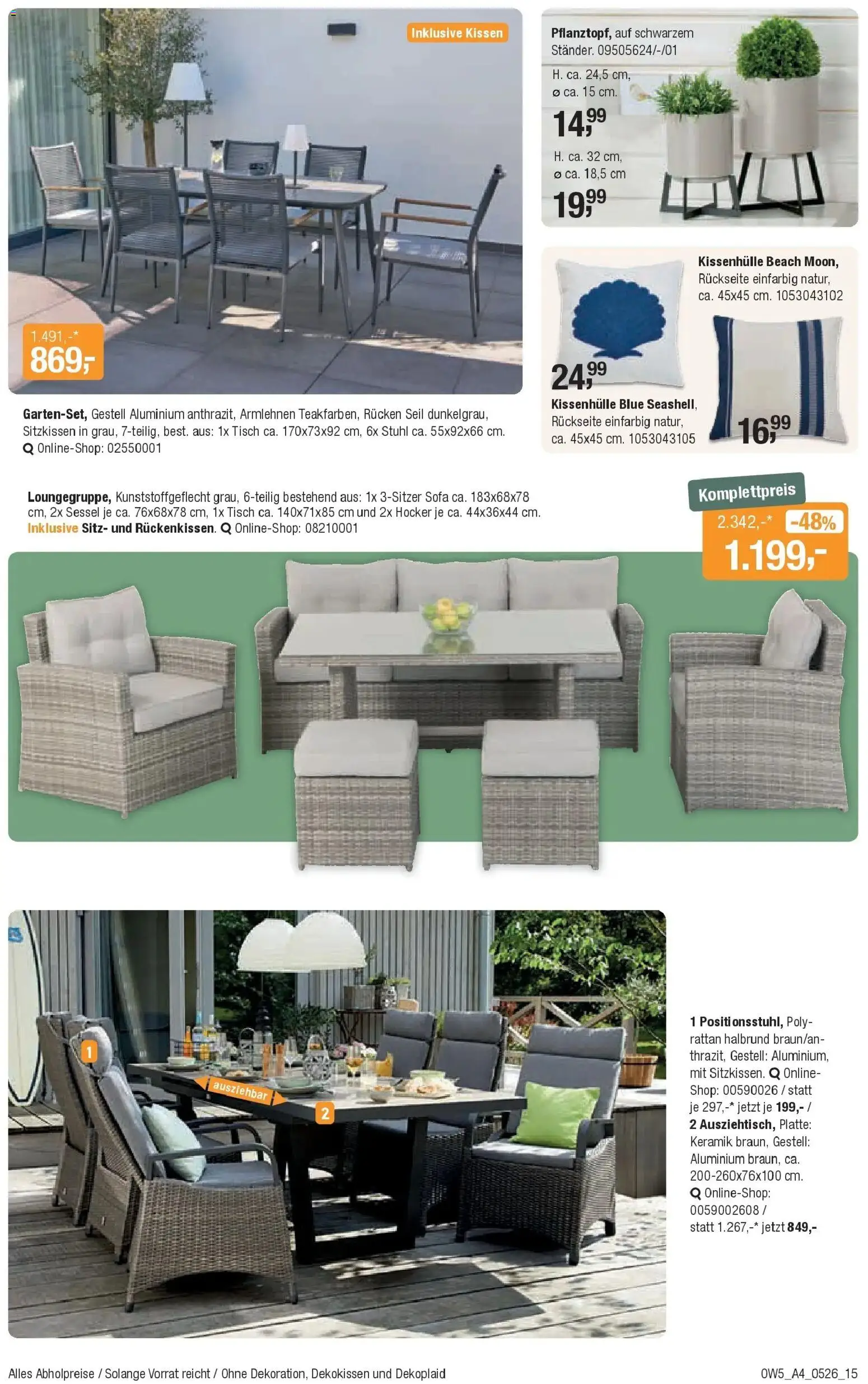 Angebote - DRINNEN & DRAUSSEN Speisen Spezial – gültig ab 28.04.2026 | Seite: 15 | Produkte: Kissen, Sofa, Sessel, Tisch