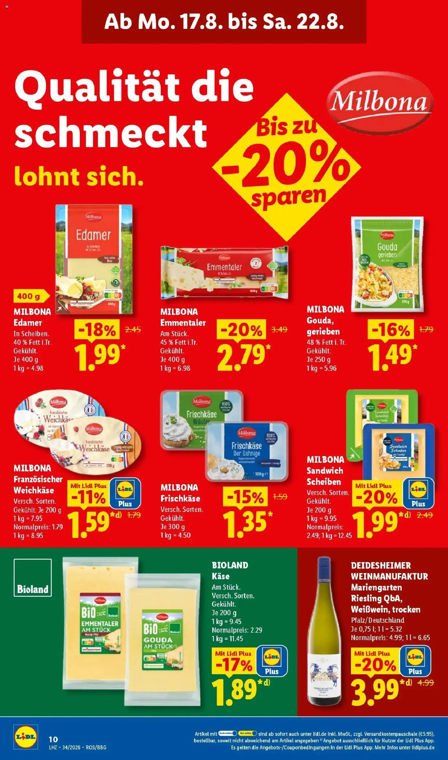 Lidl Prospekt Malchow (ab 17.08.2026) zum Blättern » Angebote | Seite: 20 | Produkte: Käse, Gouda, Edamer, Frischkase