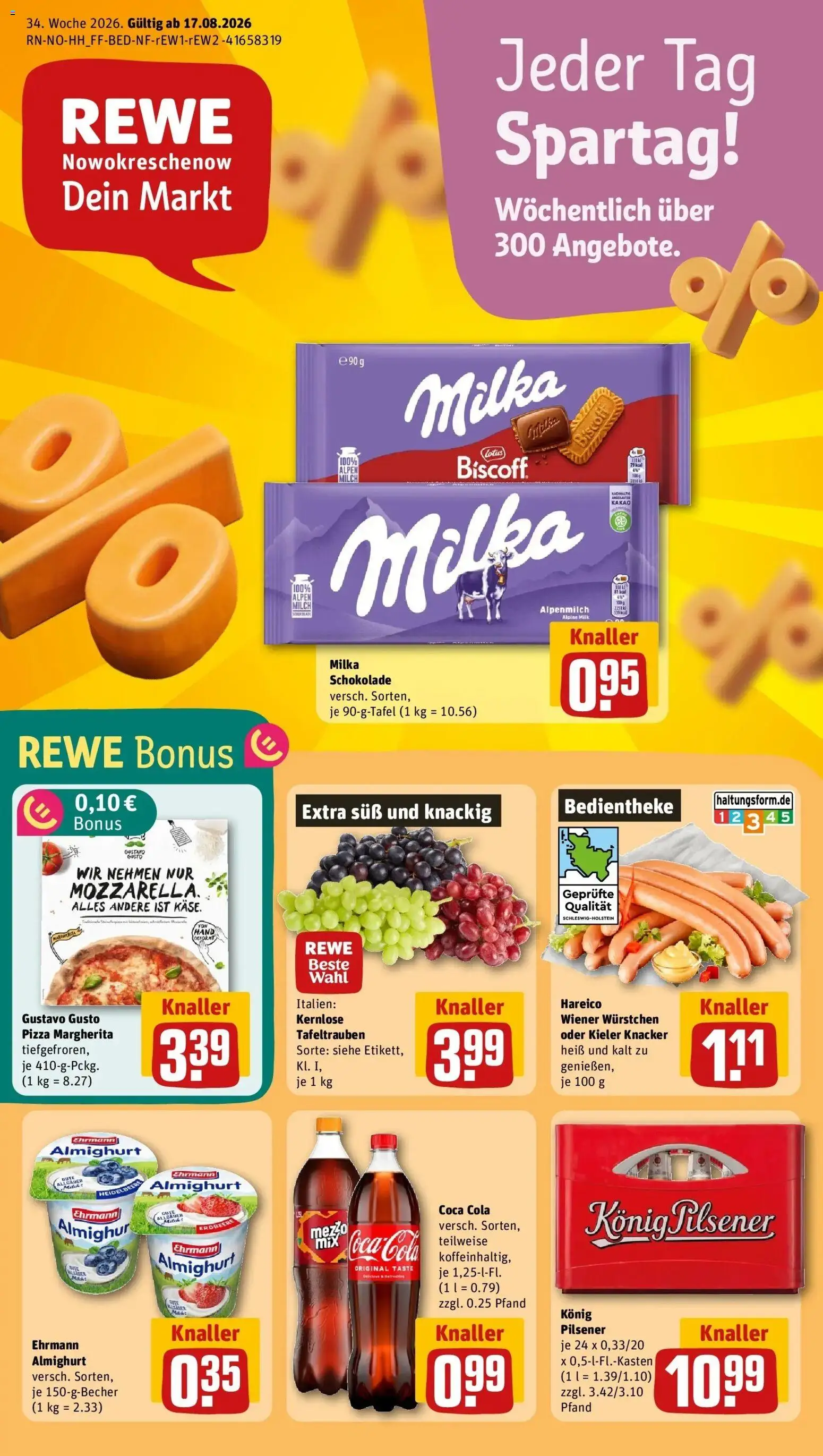 REWE Prospekt ab 17.08.2026 zum Blättern » Angebote | Seite: 1 | Produkte: Milch, Schokolade, Milka, Pizza