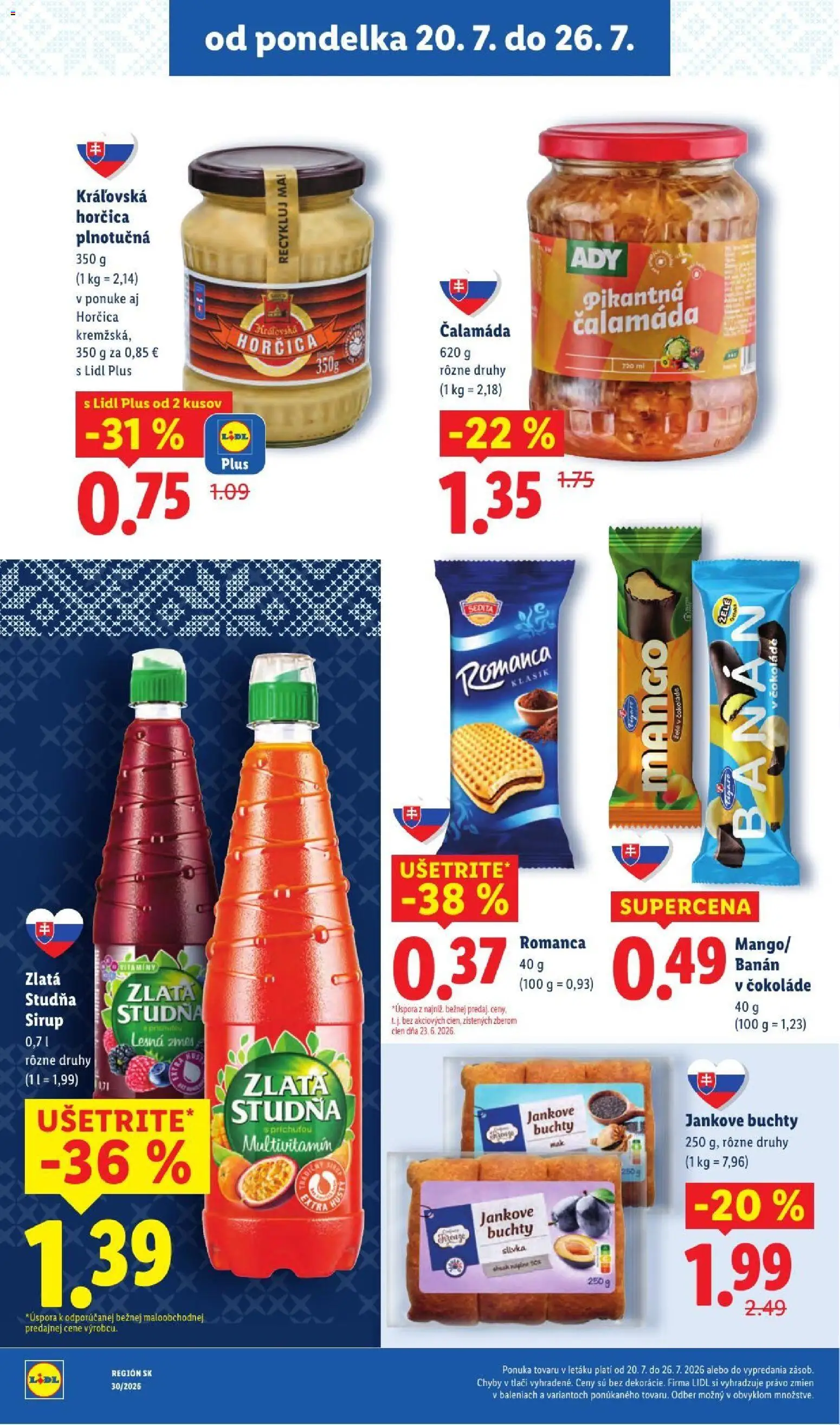 Nové Lidl akcie – leták je platný od 20.07.2026 | Strana: 30 | Produkty: Multivitamín, Sirup, Horčica, Mango