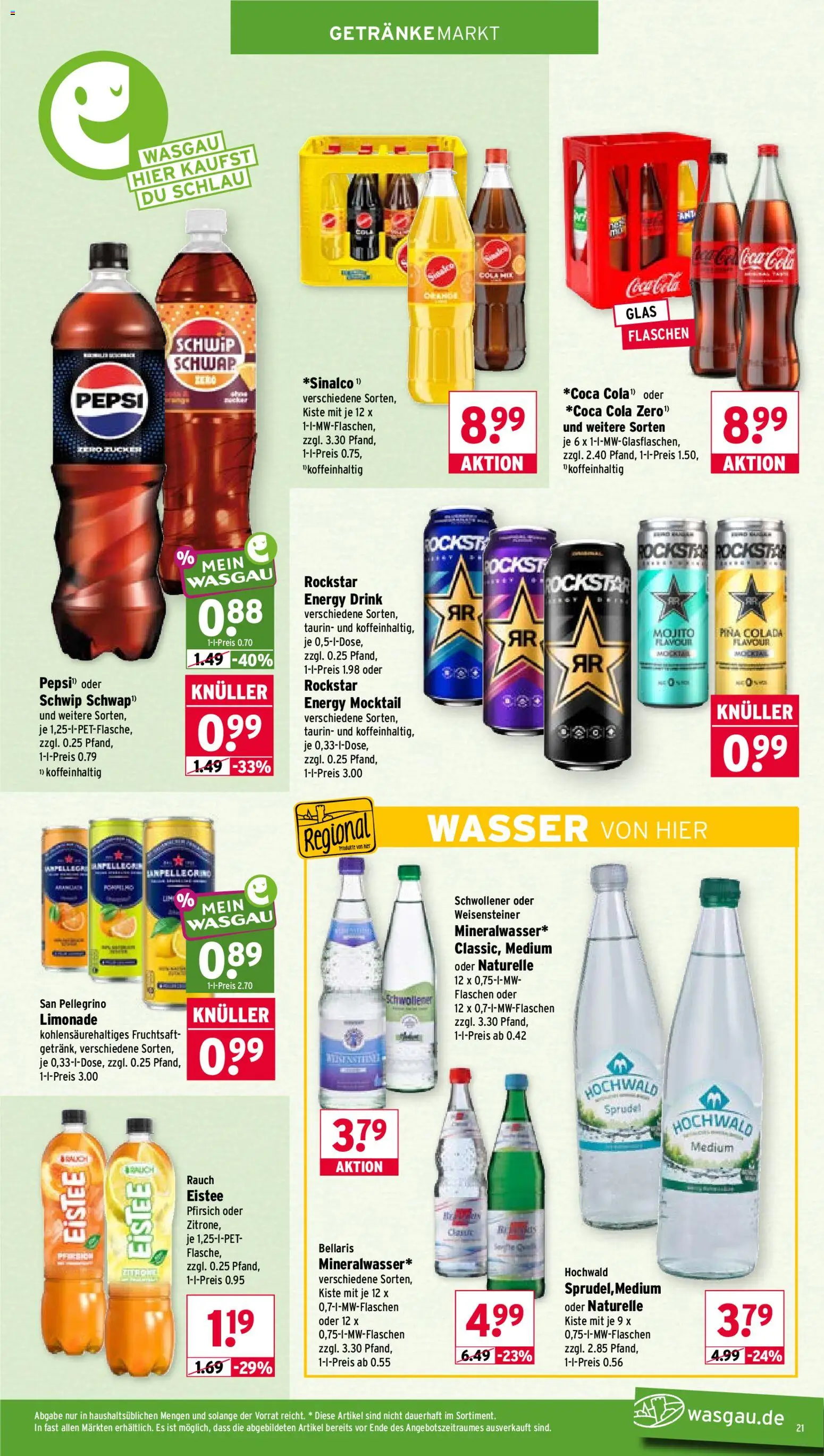 Wasgau Prospekt – gültig ab 31.08.2026 | Seite: 21 | Produkte: Cola, Rockstar, Pfirsich, Fruchtsaft