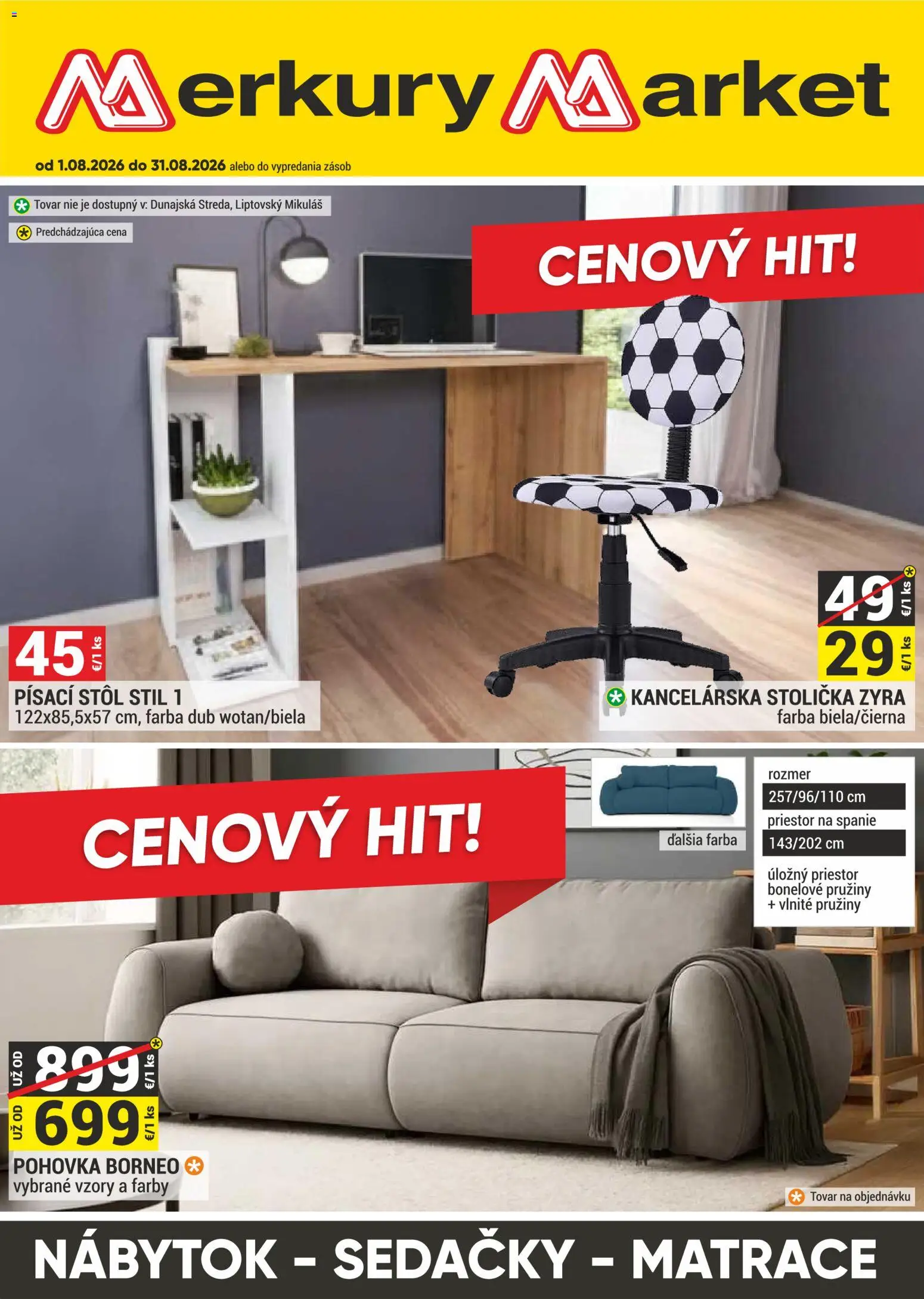 Nové Merkury Market akcie – leták je platný od 01.08.2026 | Strana: 1 | Produkty: Matrace, Nábytok, Kancelárska stolička, Sedačky