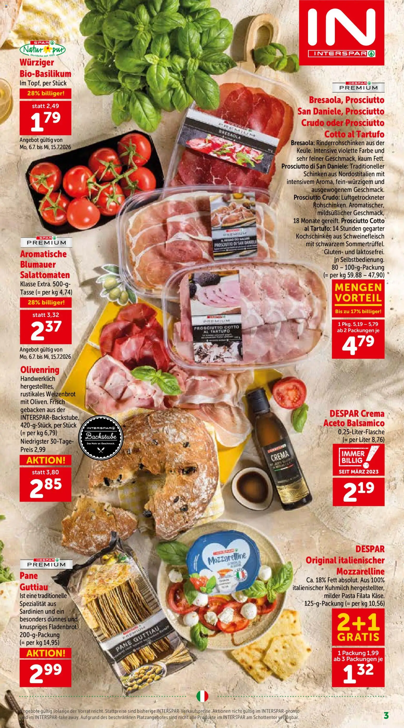 Interspar Italien gültig ab 01.07.2026 | Seite: 3 | Produkte: Pasta, Schinken, Schweinefleisch