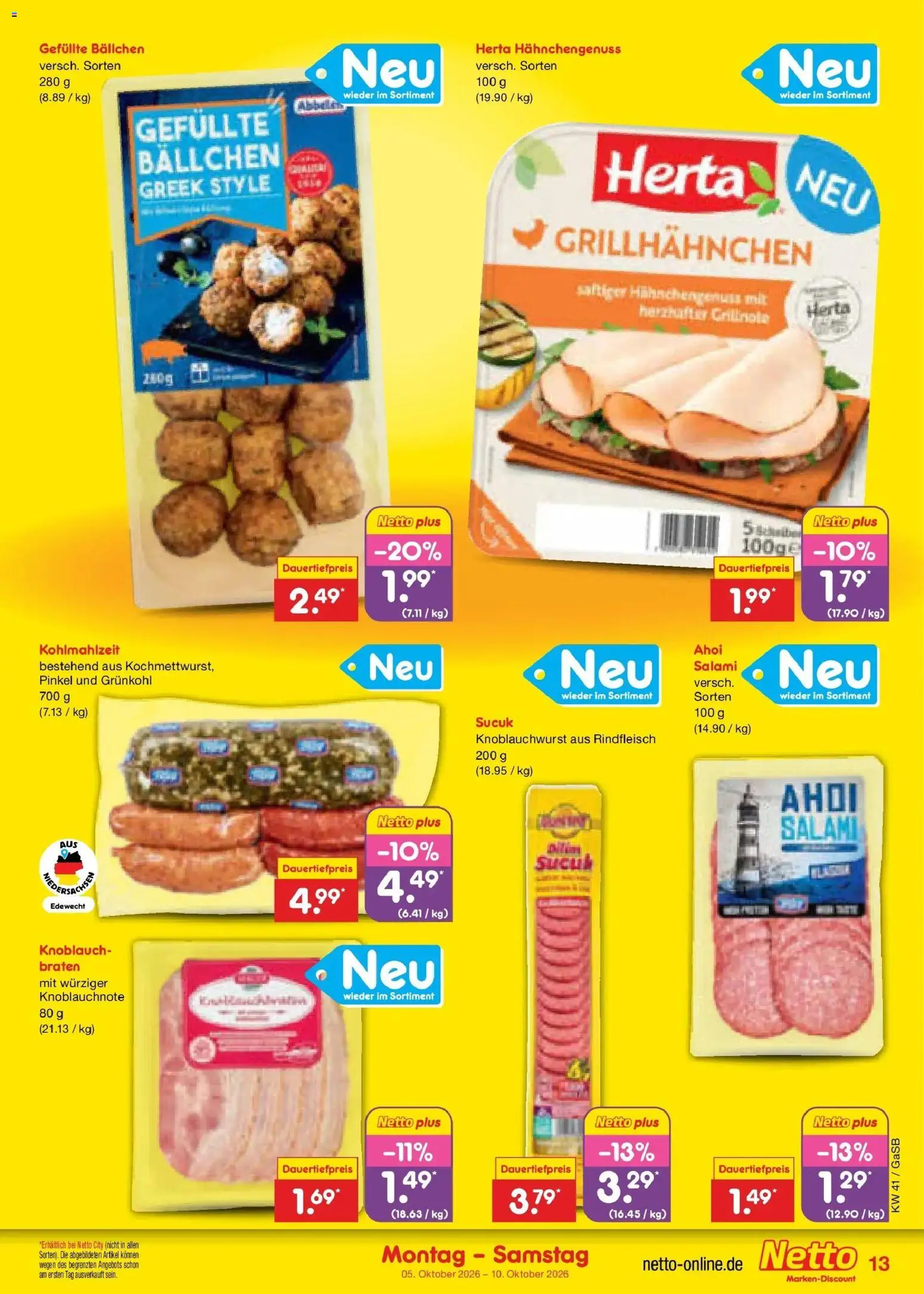 Netto Marken-Discount Prospekt Oldenburg (ab 05.10.2026) » Angebote | Seite: 13 | Produkte: Knoblauch, Salami, Rindfleisch