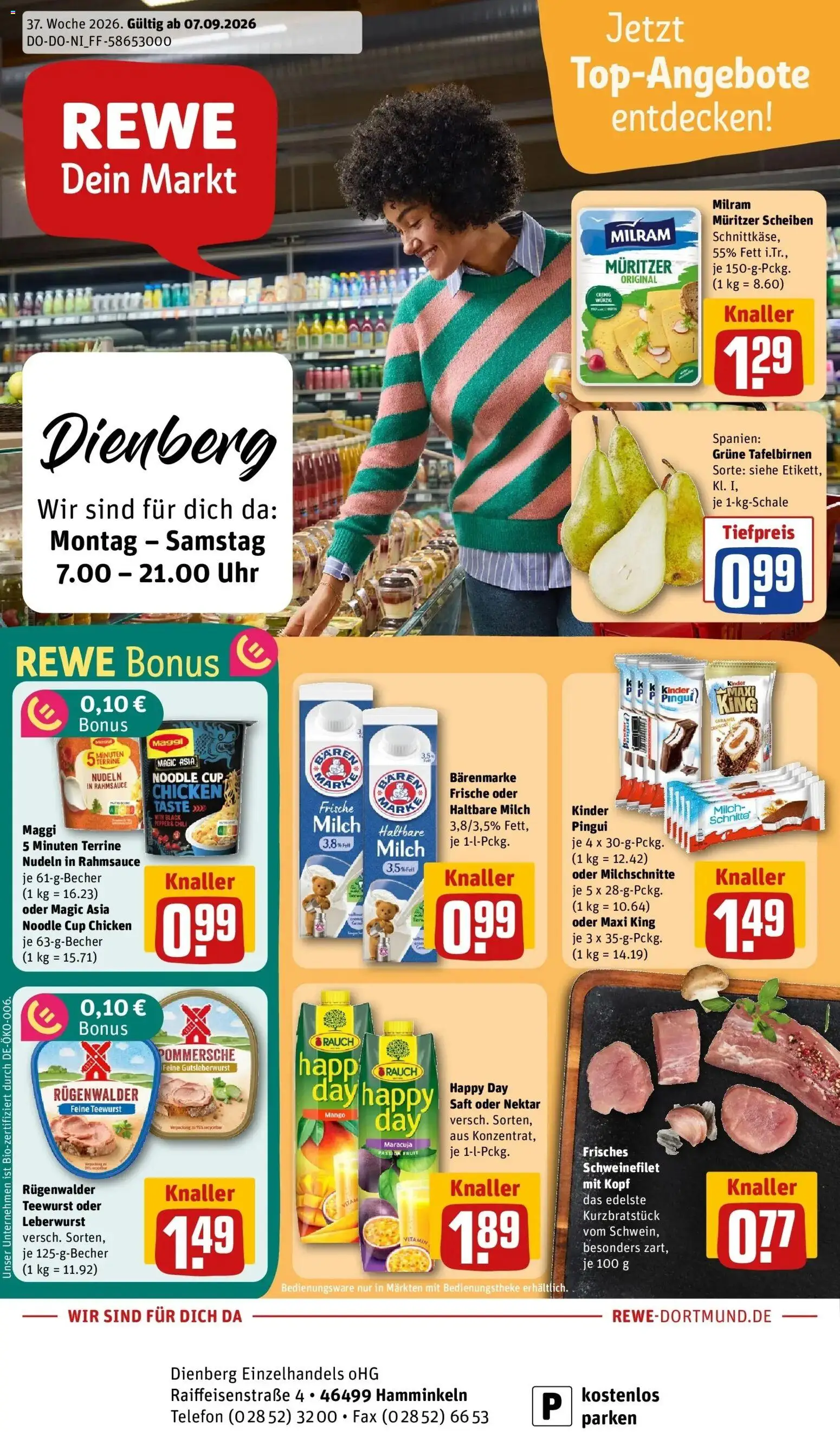 REWE Prospekt ab 07.09.2026 zum Blättern » Angebote | Seite: 1 | Produkte: Maggi, Schweinefilet, Saft, Uhr