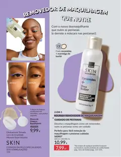 Pré-visualização REMOVEDOR DE MAQUILHAGEM QUE NUTRE, Com ceramidas + manteiga de karité. Dissolve a maquilhagem como um removedor, nutre as pestanas como um cuidado. Perfeito para: fácil remoção da maquilhagem e pestanas cuidadas. válido de 01.05.2026 | Página: 114 | Produtos: Maquilhagem, Manteiga