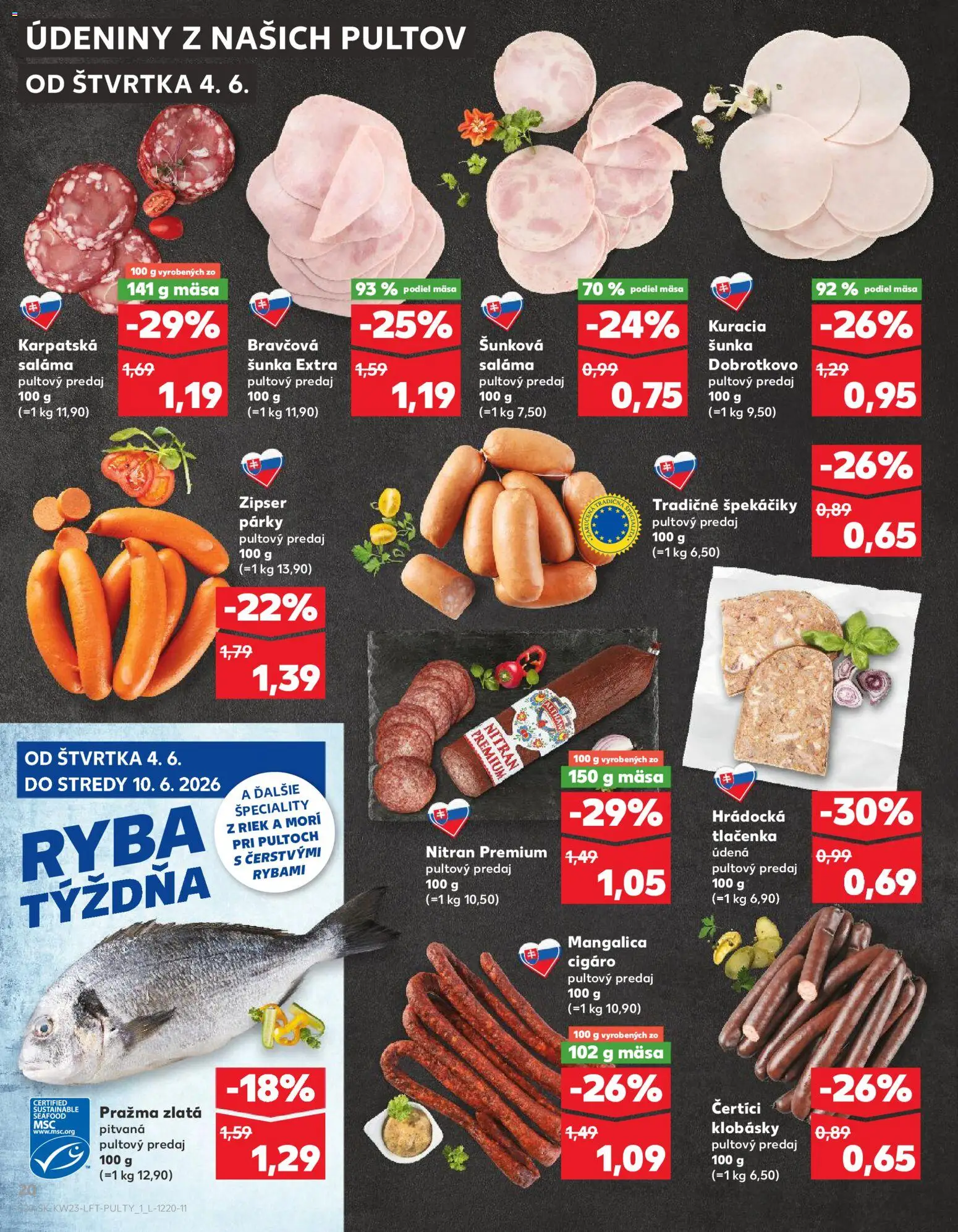 Nové Kaufland akcie – leták je platný od 04.06.2026 | Strana: 20 | Produkty: Saláma, Šunka, Ryba, Párky