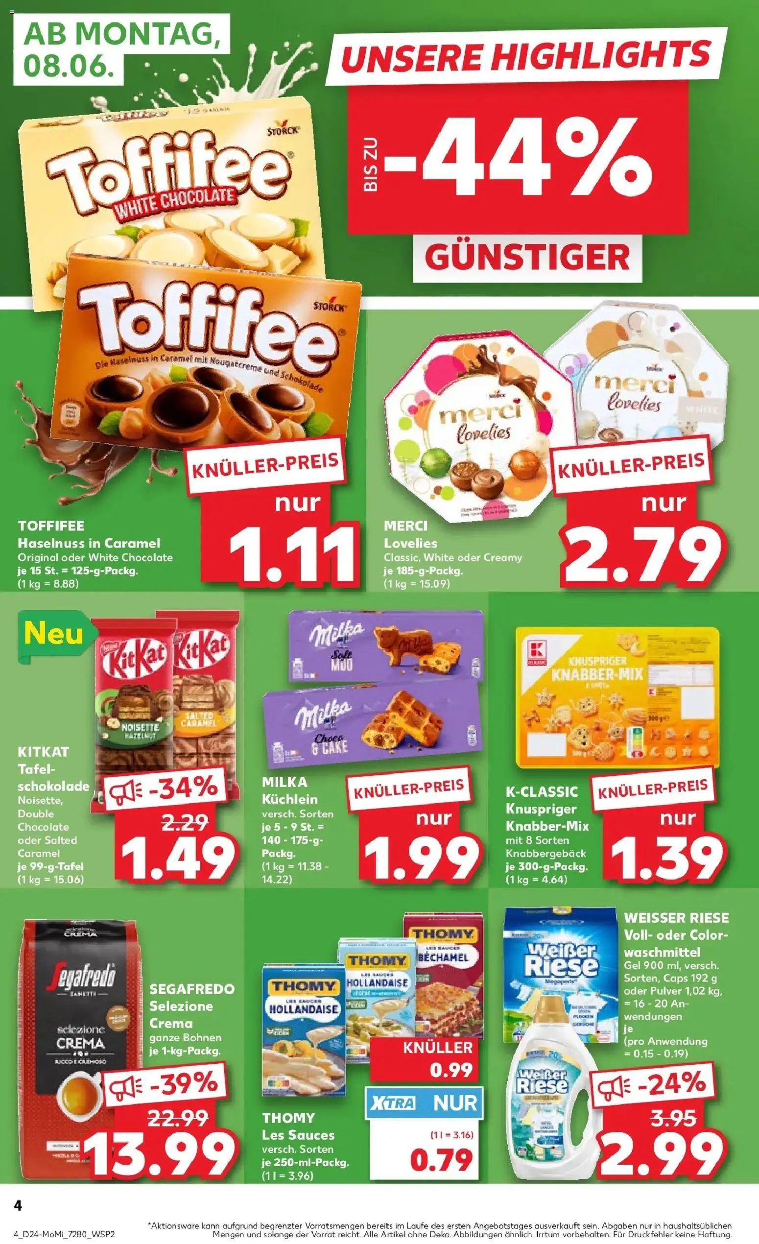 Kaufland Prospekt Einbeck – gültig ab 08.06.2026 | Seite: 4 | Produkte: Thomy les sauces, Schokolade, Toffifee, Segafredo