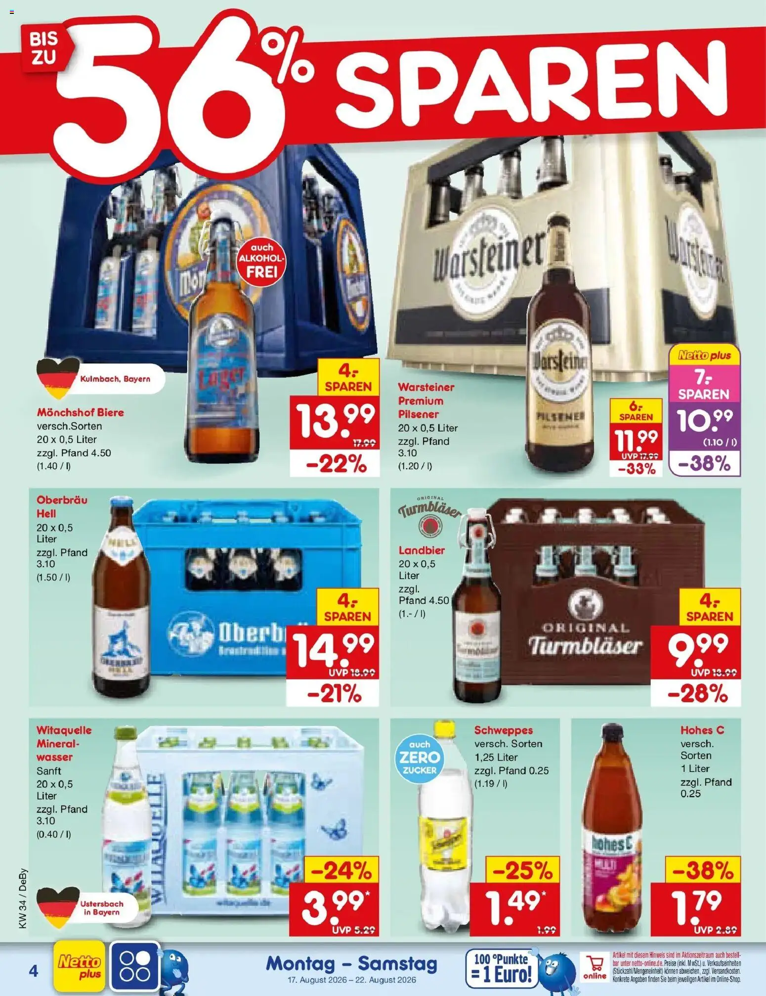 Netto Marken-Discount Prospekt Thierhaupten – gültig ab 17.08.2026 | Seite: 6 | Produkte: Wasser, Zucker, Warsteiner, Hohes c