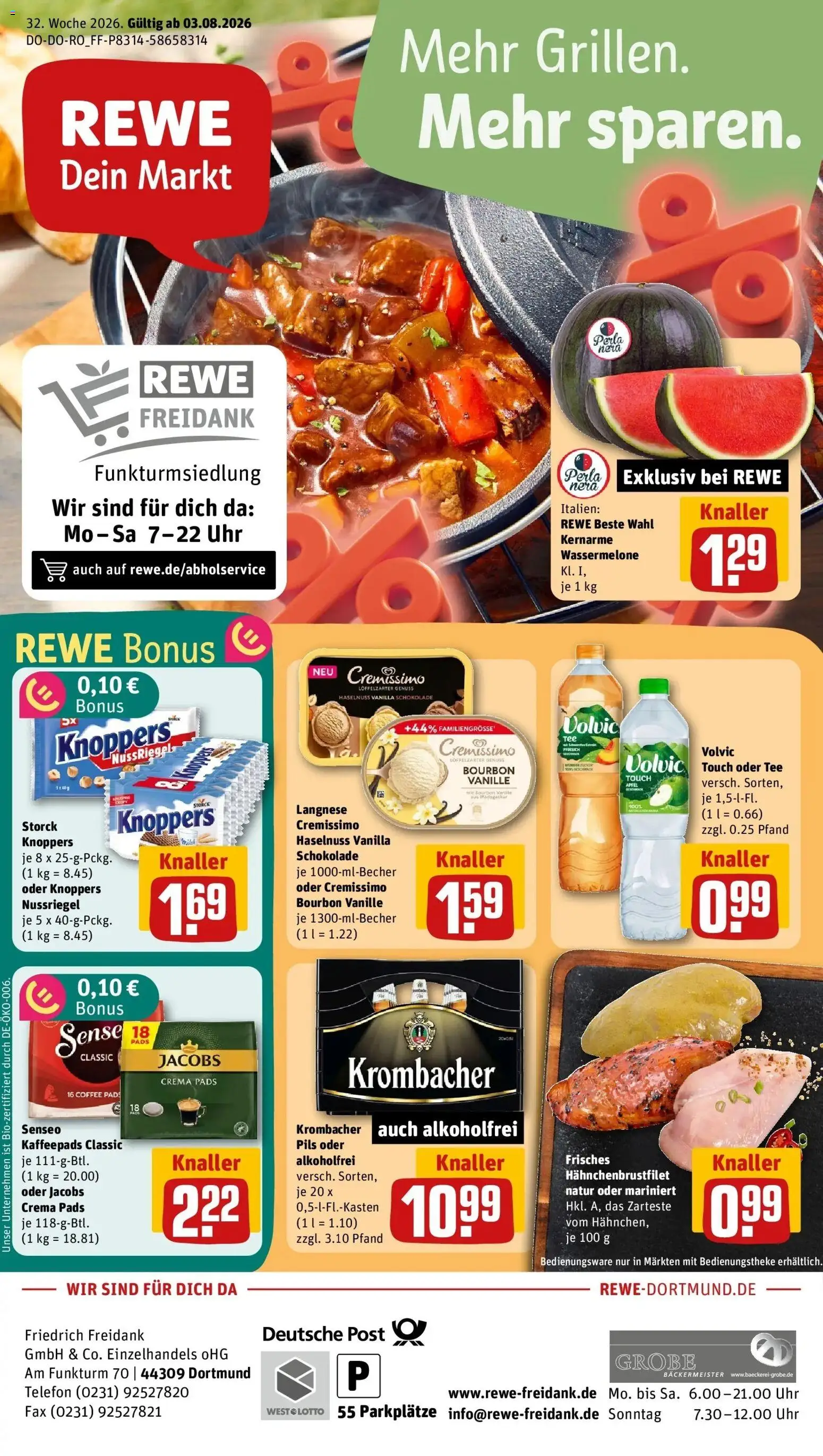 Rewe Prospekt Dortmund – gültig ab 03.08.2026 | Seite: 1 | Produkte: Langnese, Cremissimo, Schokolade, Zucker