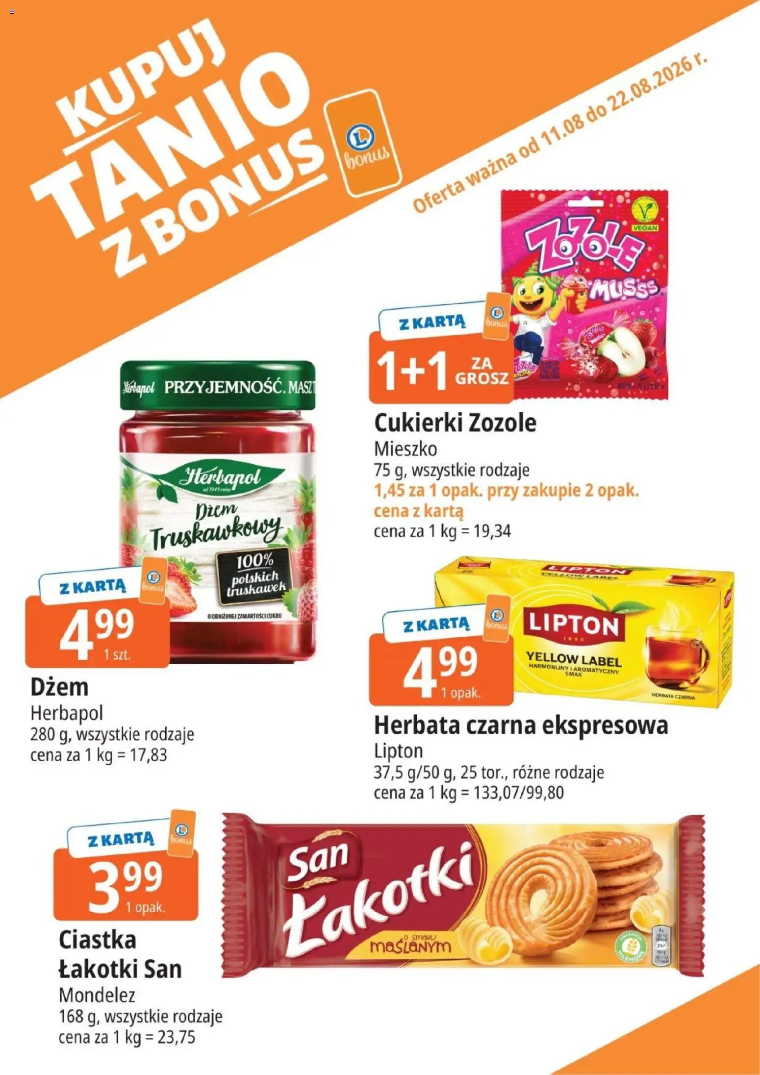 E.Leclerc gazetka - Kupuj Tanio Z Bonus od 11.08.2026 | Strona: 17 | Produkty: Karta, Cukierki zozole, Herbata czarna, Dżem
