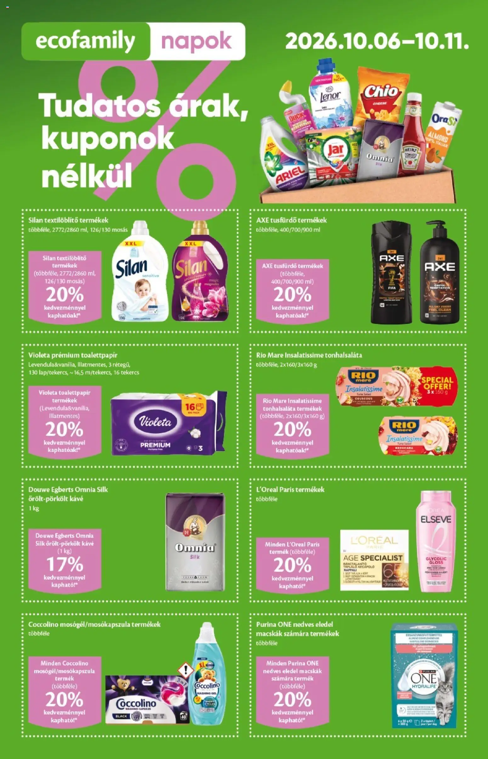Ecofamily akciós ujság - amely érvényes a következő dátumtól: 2026.10.01. | Oldal: 1 | Termékek: Coccolino, Lenor, Kávé, Omnia