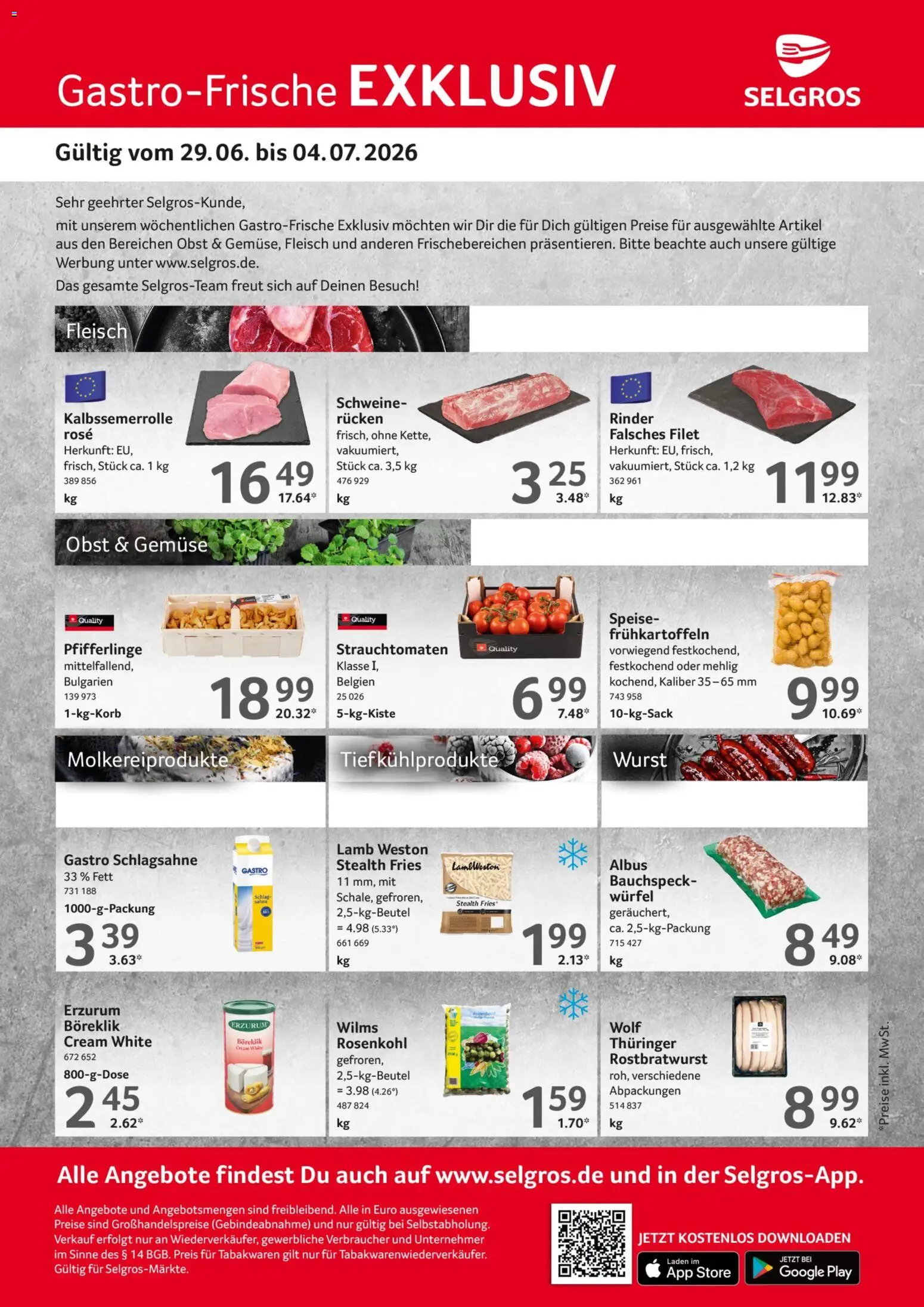 Selgros Gastro Angebote – gültig ab 29.06.2026 | Seite: 1 | Produkte: Schlagsahne, Obst, Wurst, Sahne