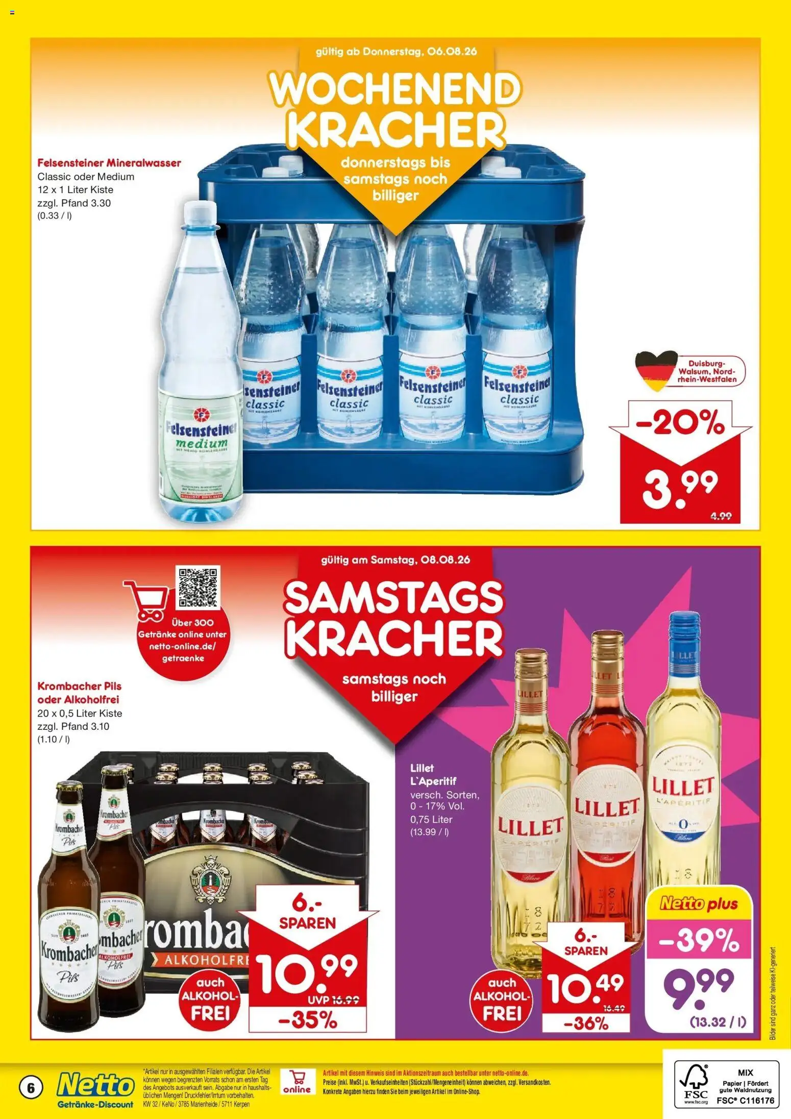 Netto Marken-Discount Prospekt Marienheide – gültig ab 03.08.2026 | Seite: 6 | Produkte: Pils, Mineralwasser, Lillet, Krombacher