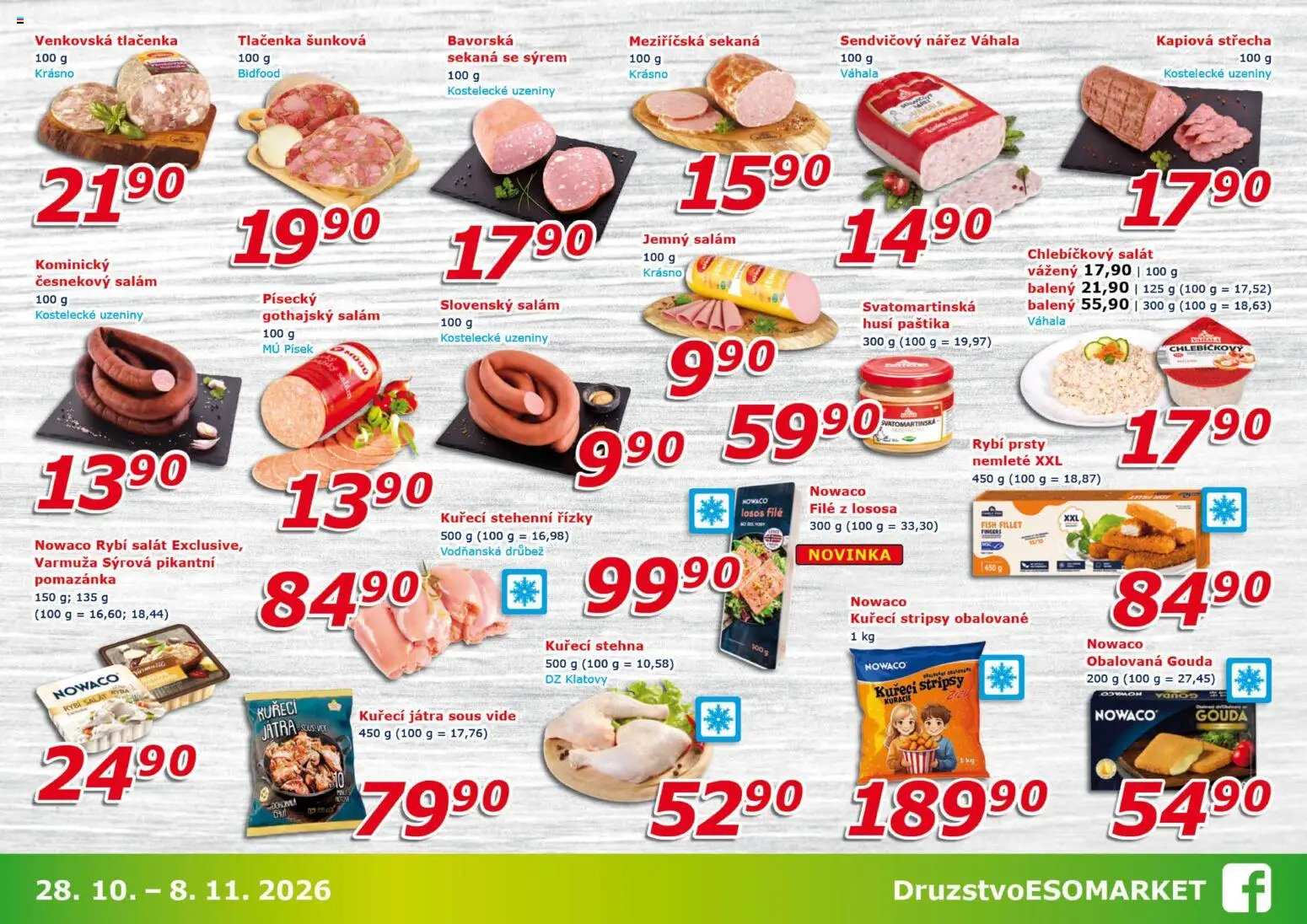 Eso market leták od 28.10.2026 | Strana: 3 | Produkty: Nowaco Kuřecí stripsy, Pomazánka, Játra, File