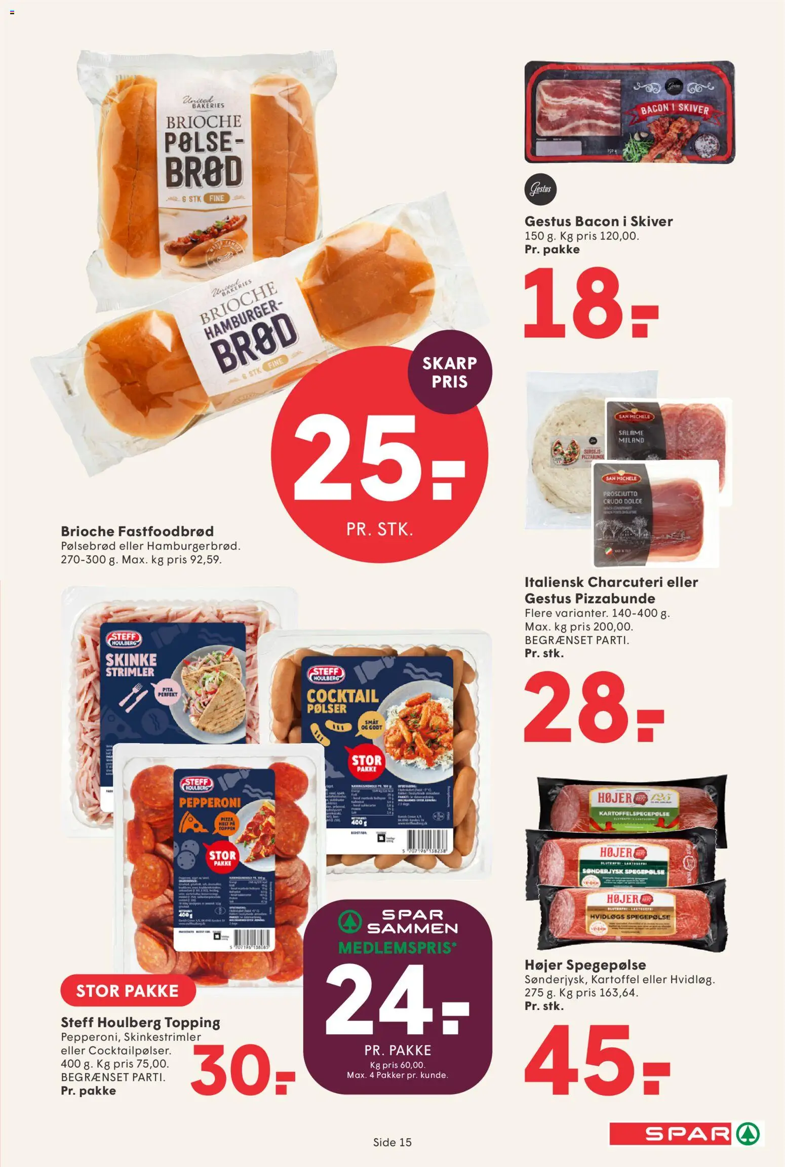 Spar tilbudsavis – gyldig fra 14/08/2026 | Side: 16 | Produkter: Pølsebrød, Spegepølse, Bacon, Brioche