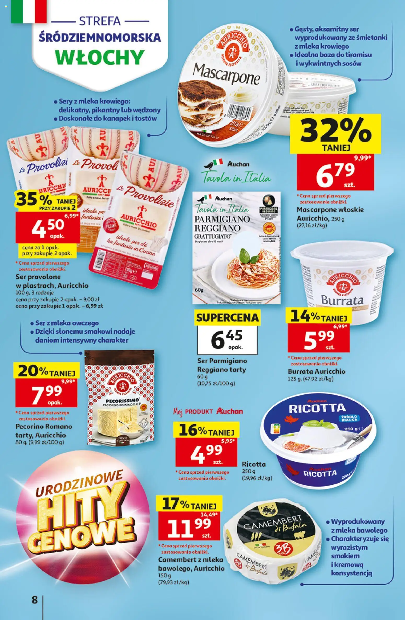 Auchan gazetka - 30 Lat Hipermarket od 07.05.2026 | Strona: 8 | Produkty: Pecorino, Tiramisu, Camembert, Mascarpone